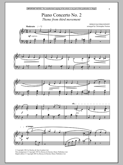 Sergei Rachmaninoff Piano Concerto No. 2, (Third Movement Theme) Sheet Music