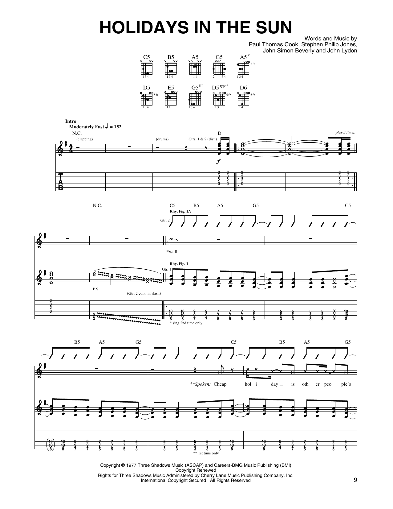 Sex Pistols Holidays In The Sun Sheet Music