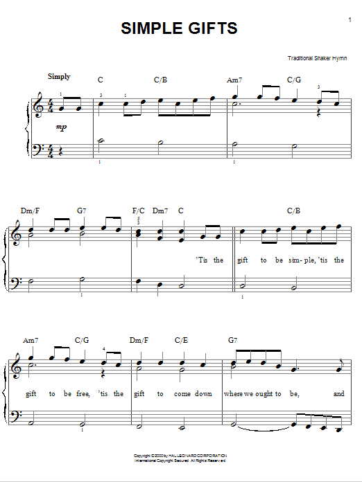 Traditional Shaker Hymn Simple Gifts Sheet Music