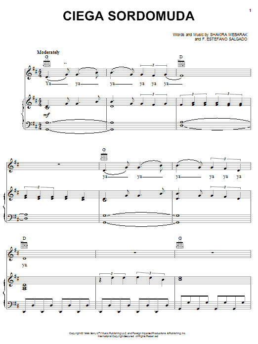 Shakira Ciega Sordomuda Sheet Music