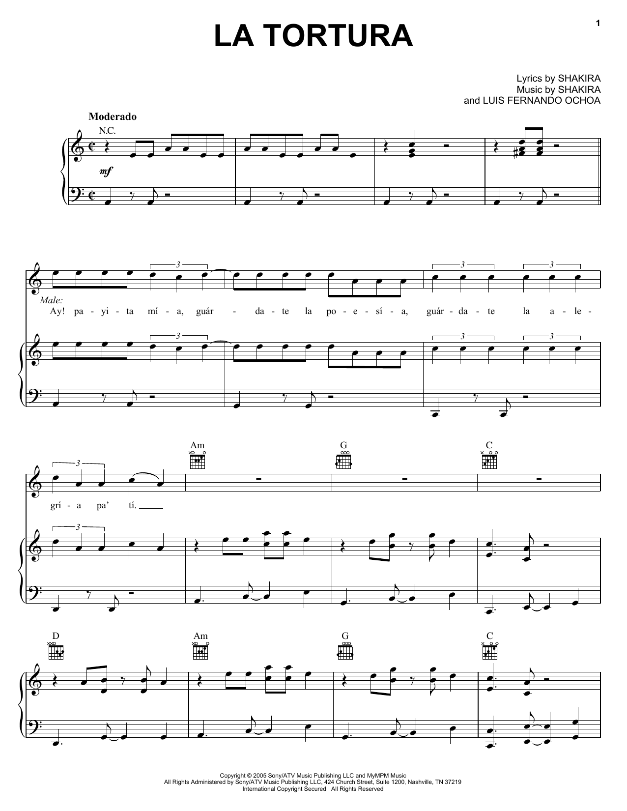 Shakira featuring Alejandro Sanz La Tortura Sheet Music