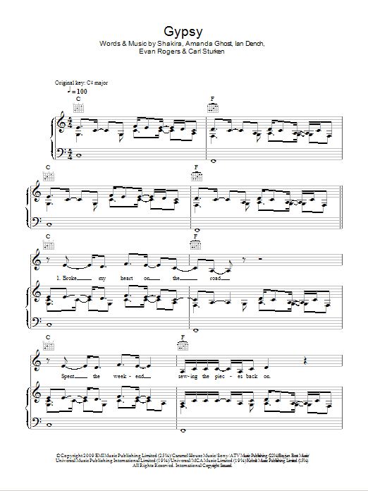 Shakira Gypsy Sheet Music