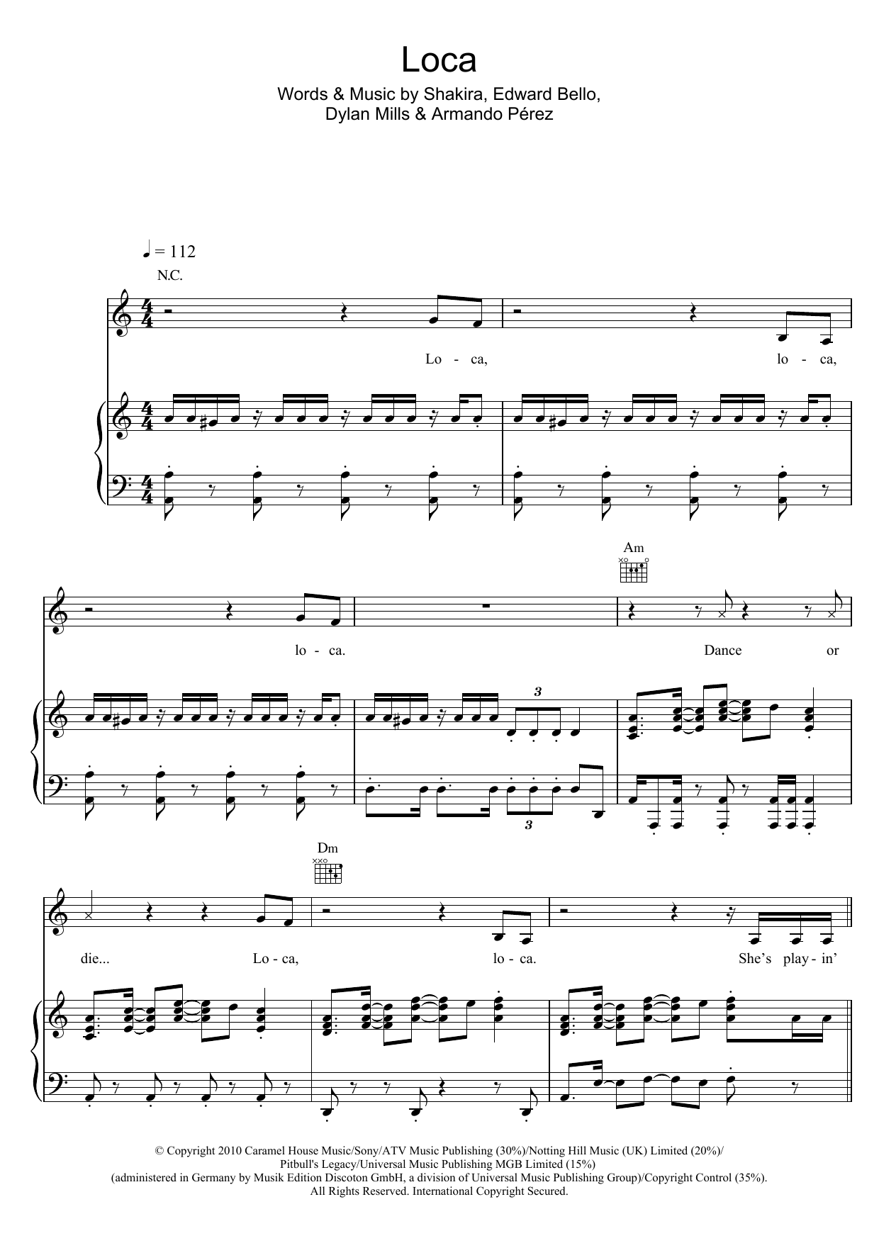 Shakira Loca (featuring Dizzee Rascal) Sheet Music
