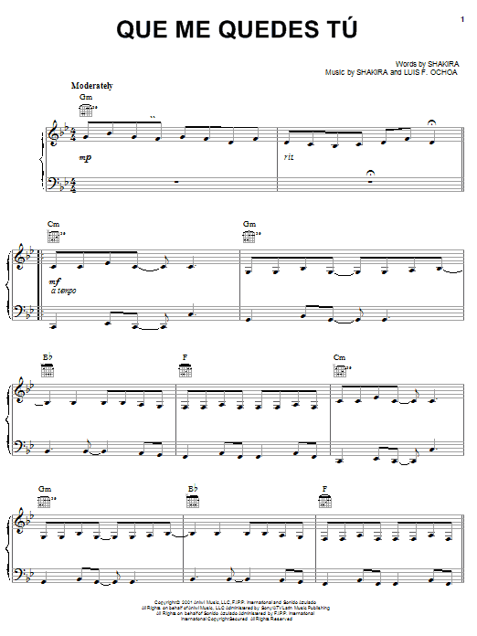 Shakira Que Me Quedes Tu Sheet Music