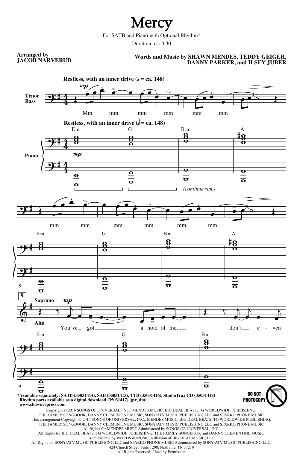 Shawn Mendes Mercy (arr. Jacob Narverud) Sheet Music