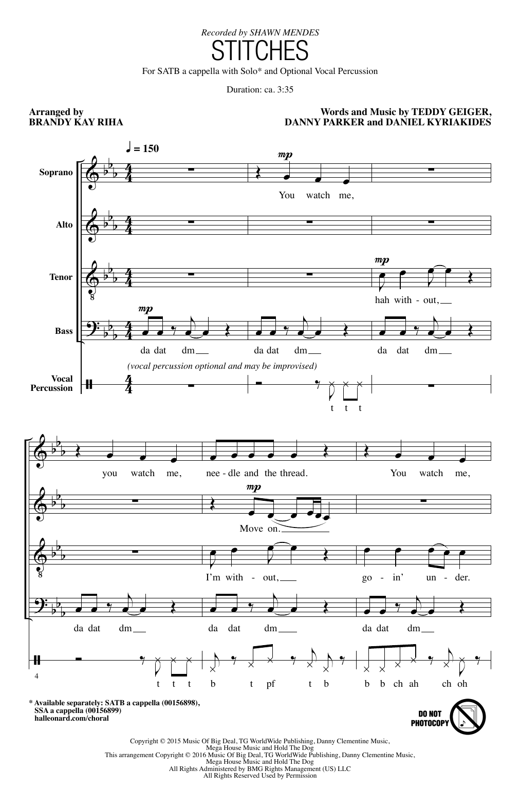 Shawn Mendes Stitches (arr. Brandy Kay Riha) Sheet Music