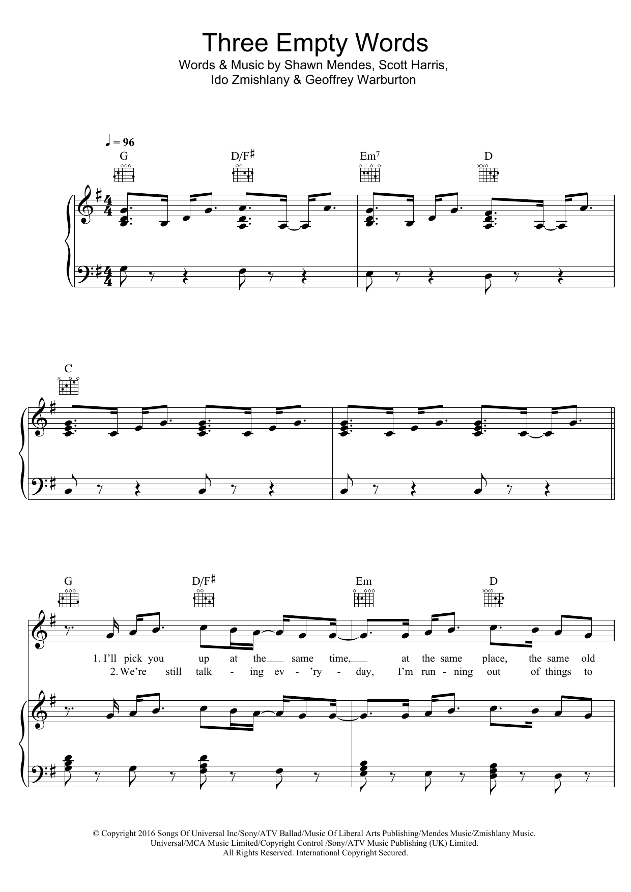 Shawn Mendes Three Empty Words Sheet Music