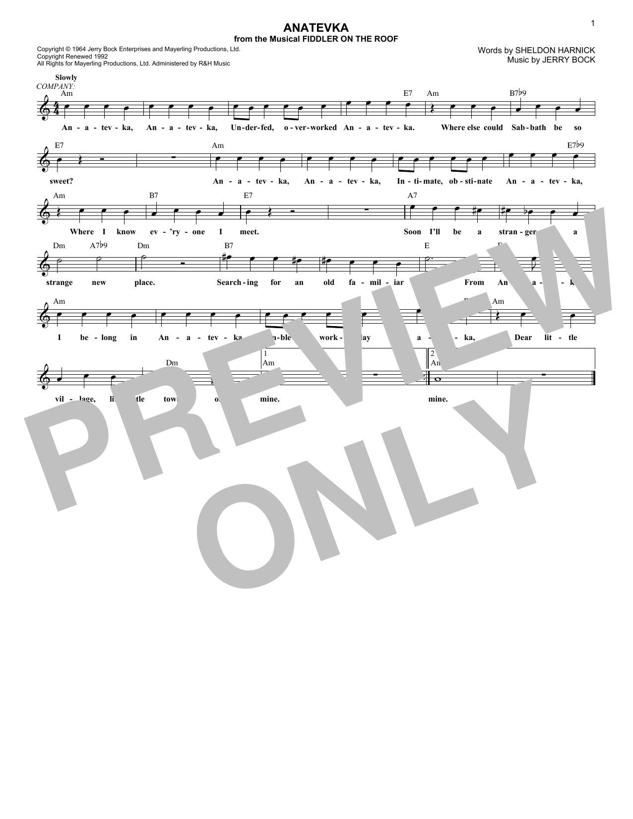 Sheldon Harnick Anatevka Sheet Music