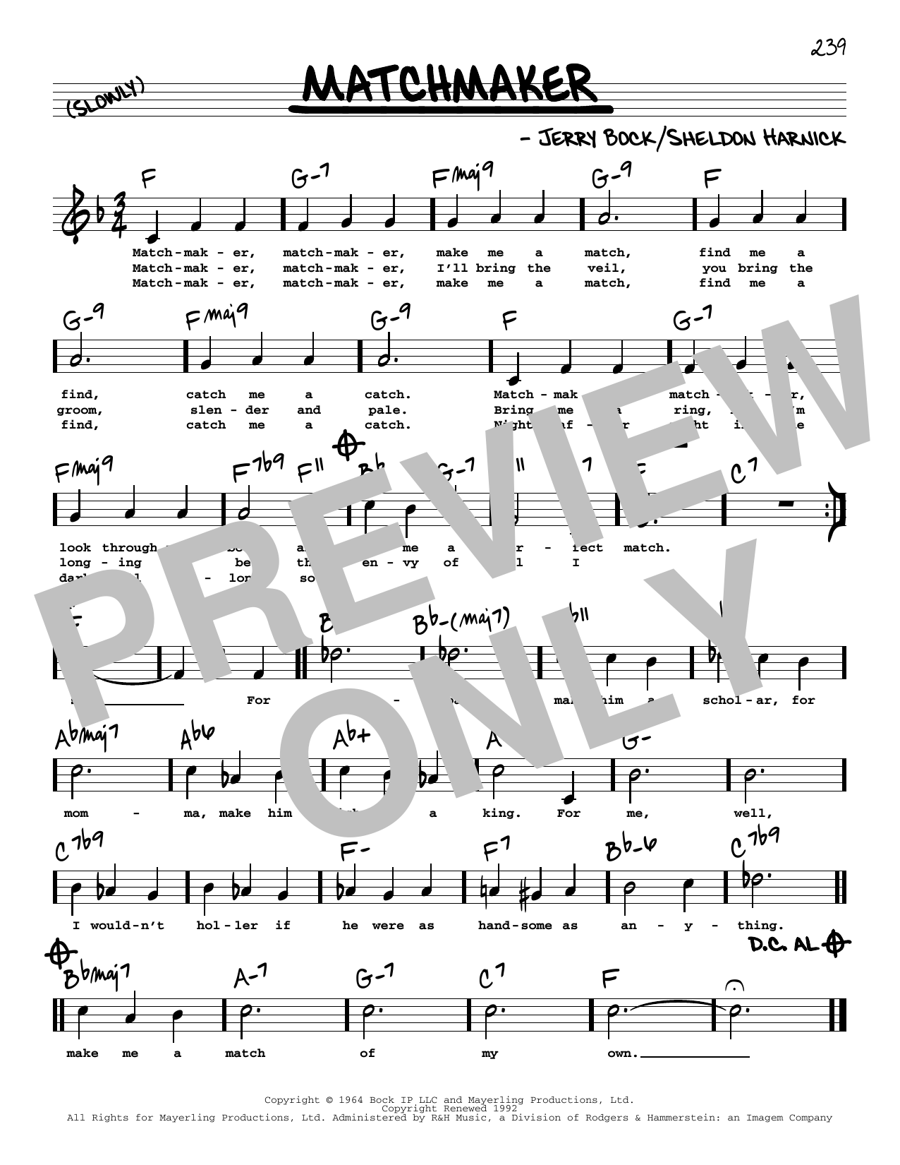 Sheldon Harnick Matchmaker (High Voice) (from Fiddler On The Roof) Sheet Music