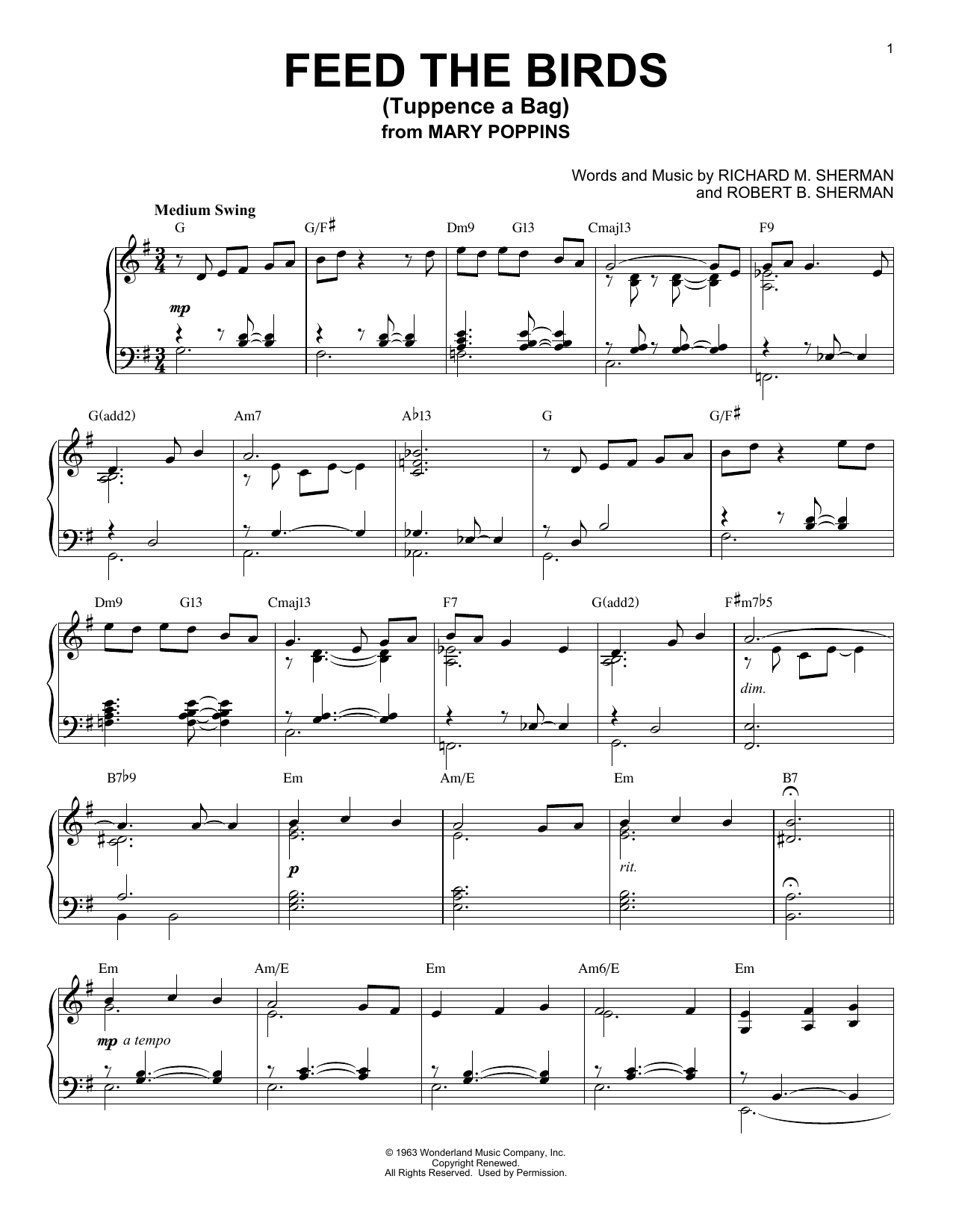 Sherman Brothers Feed The Birds (Tuppence A Bag) [Jazz version] (from Mary Poppins) Sheet Music