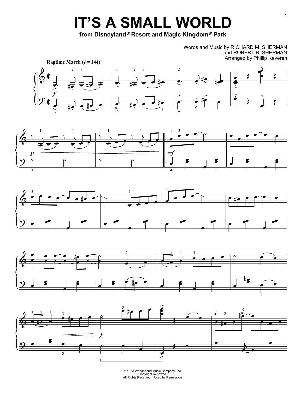 Sherman Brothers It's A Small World [Ragtime version] (arr. Phillip Keveren) Sheet Music