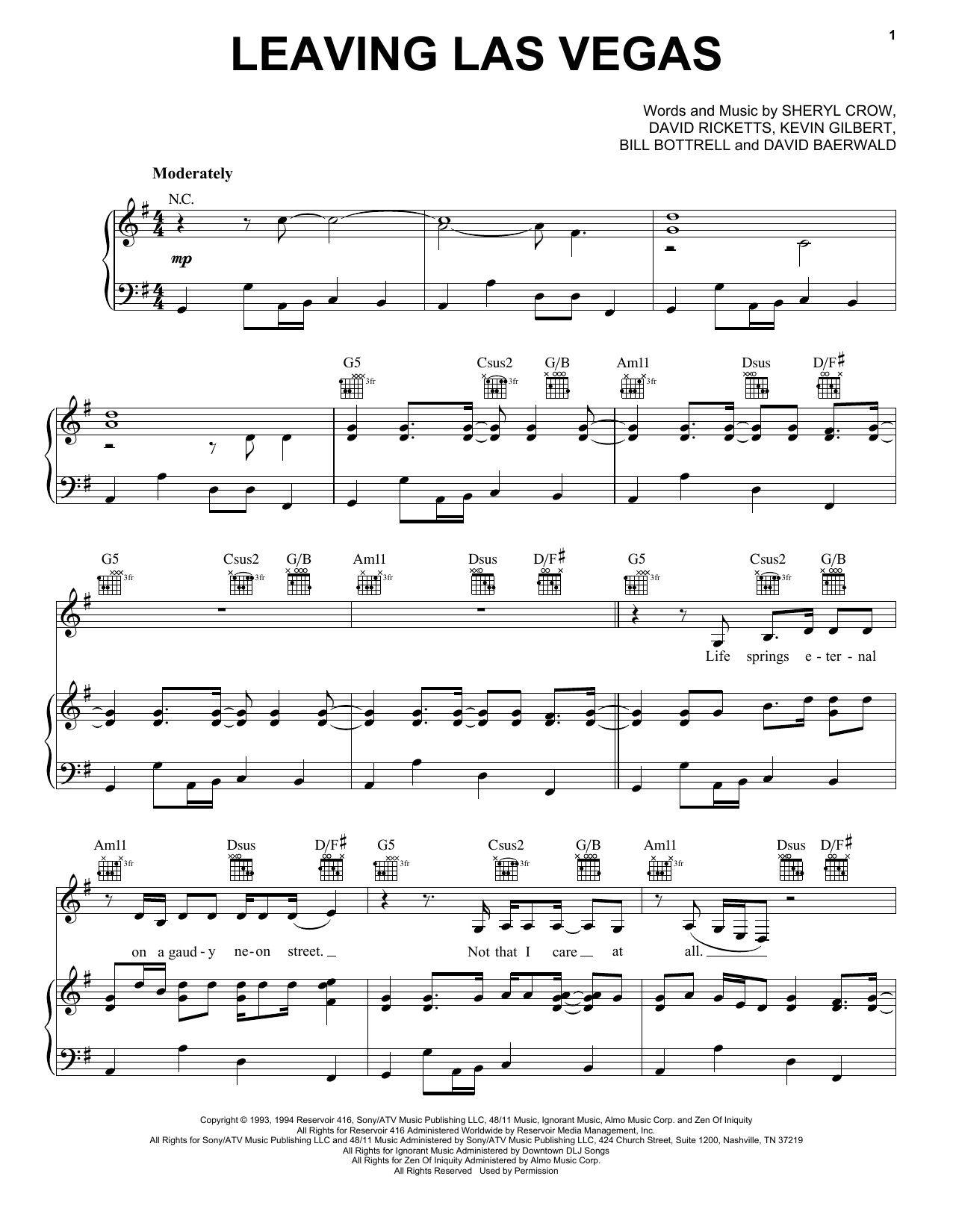 Sheryl Crow Leaving Las Vegas Sheet Music