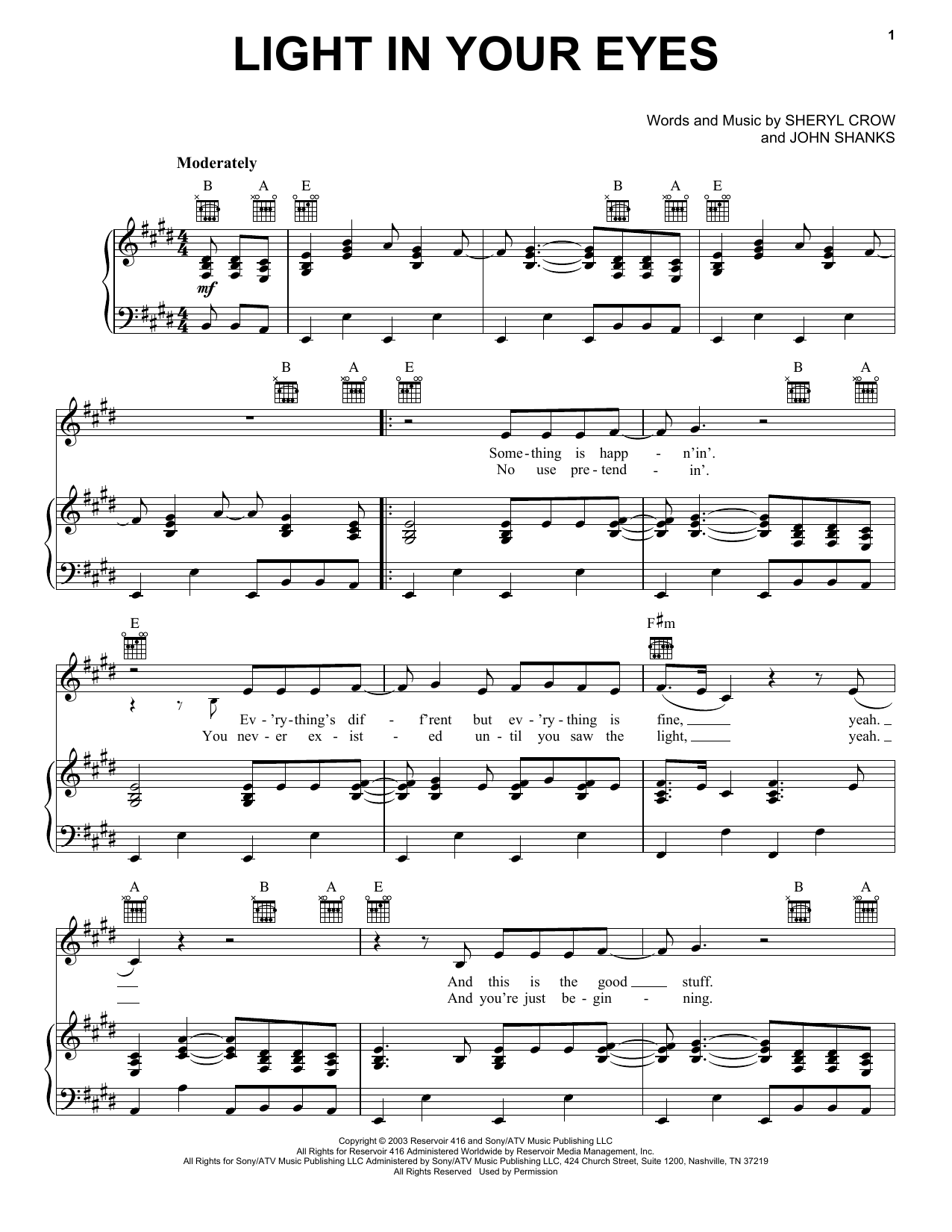 Sheryl Crow Light In Your Eyes Sheet Music