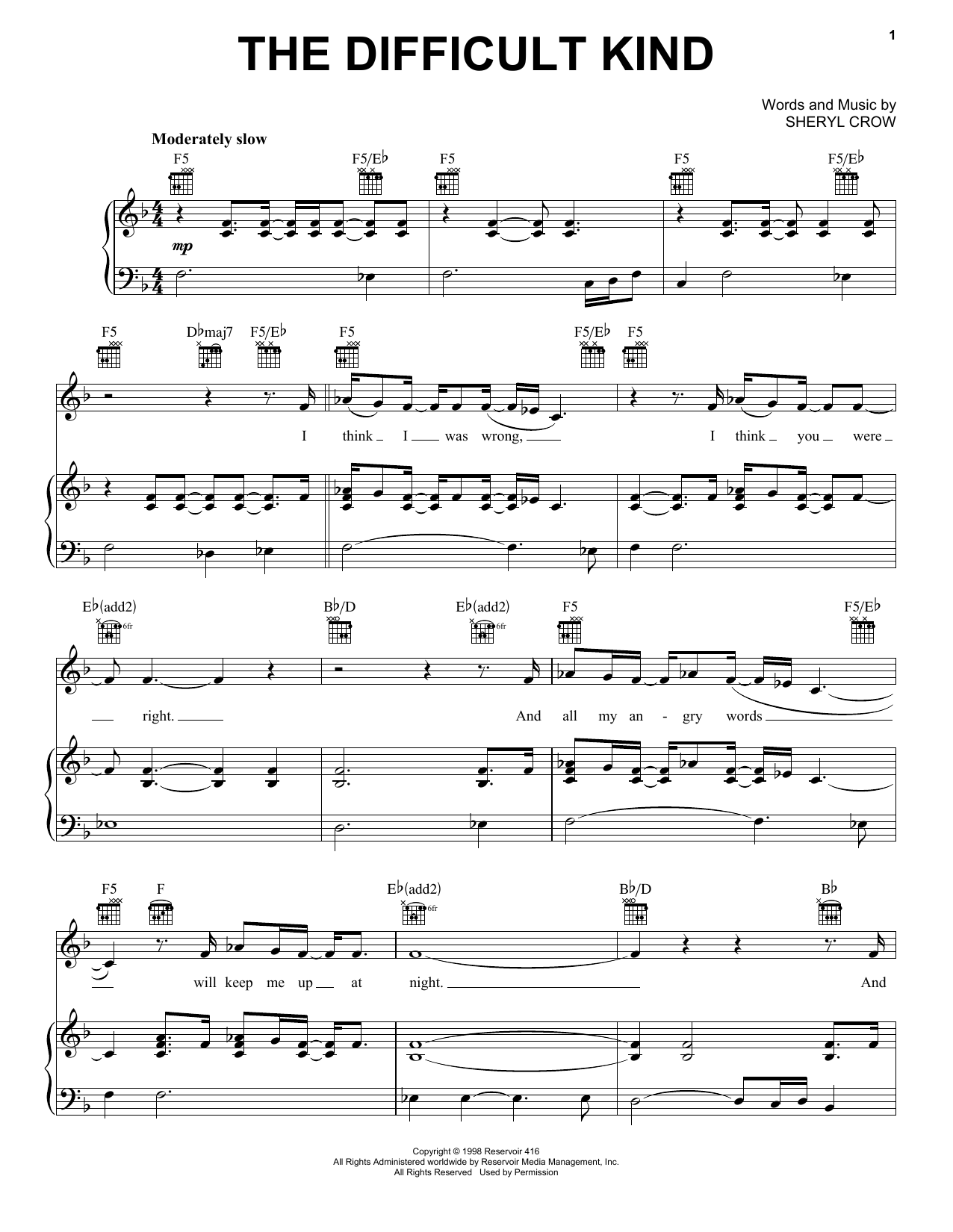 Sheryl Crow The Difficult Kind Sheet Music