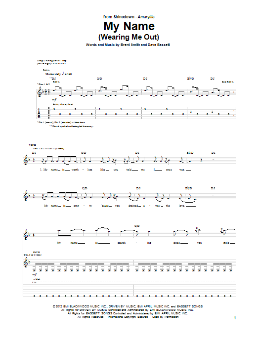 Shinedown My Name (Wearing Me Out) Sheet Music