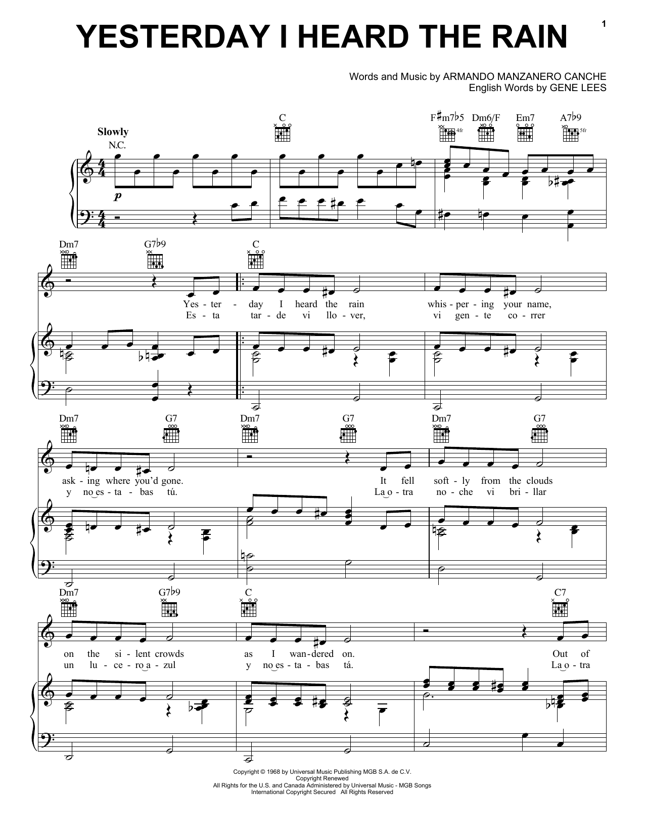 Shirley Bassey Yesterday I Heard The Rain Sheet Music