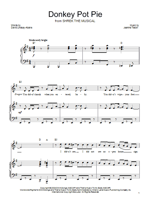 Shrek The Musical Donkey Pot Pie Sheet Music