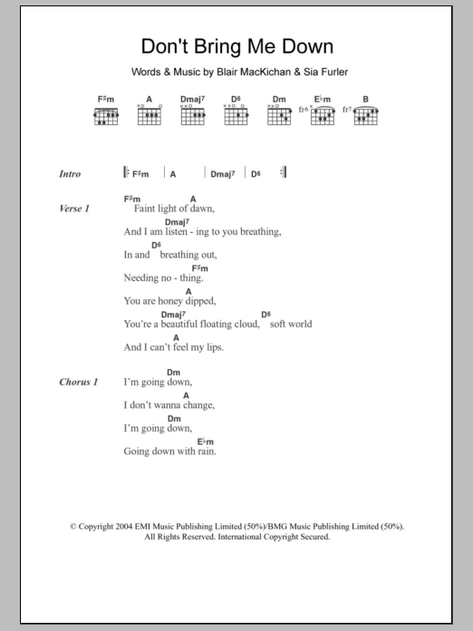 Sia Don't Bring Me Down Sheet Music