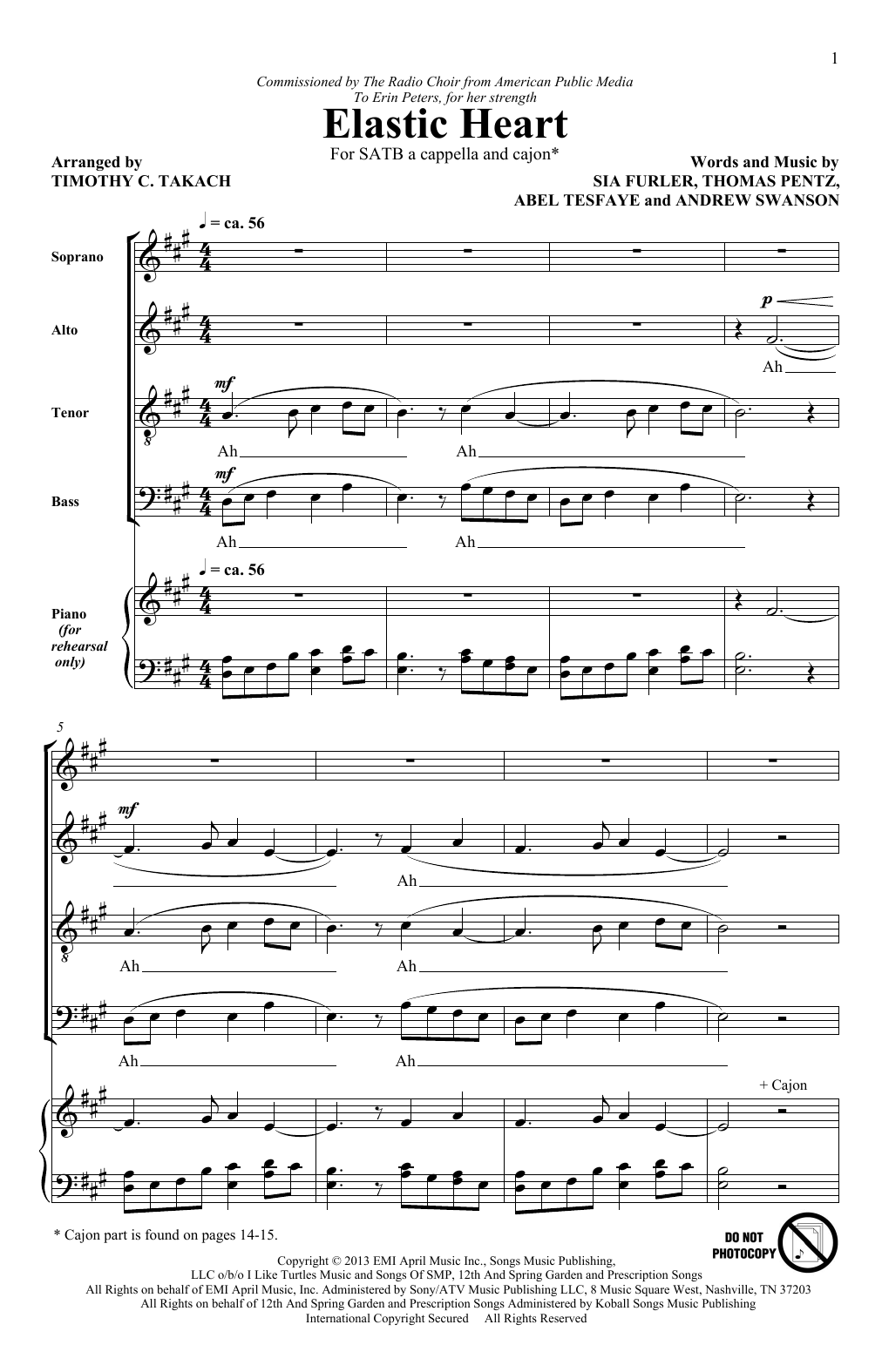 Sia Elastic Heart (feat. The Weeknd and Diplo) (arr. Timothy C. Takach) Sheet Music
