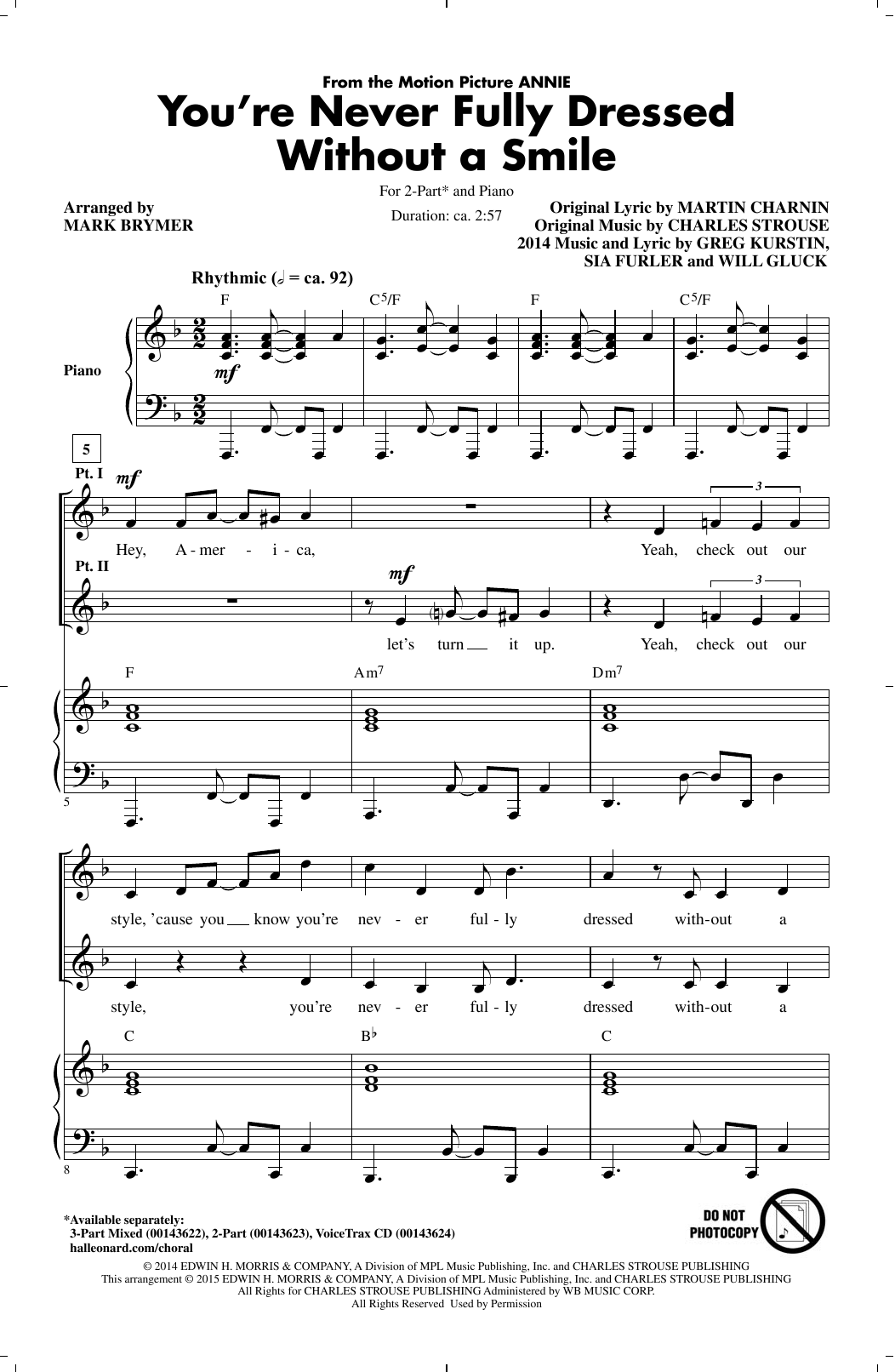 Sia You're Never Fully Dressed Without A Smile (2014 Film Version) (arr. Mark Brymer Sheet Music