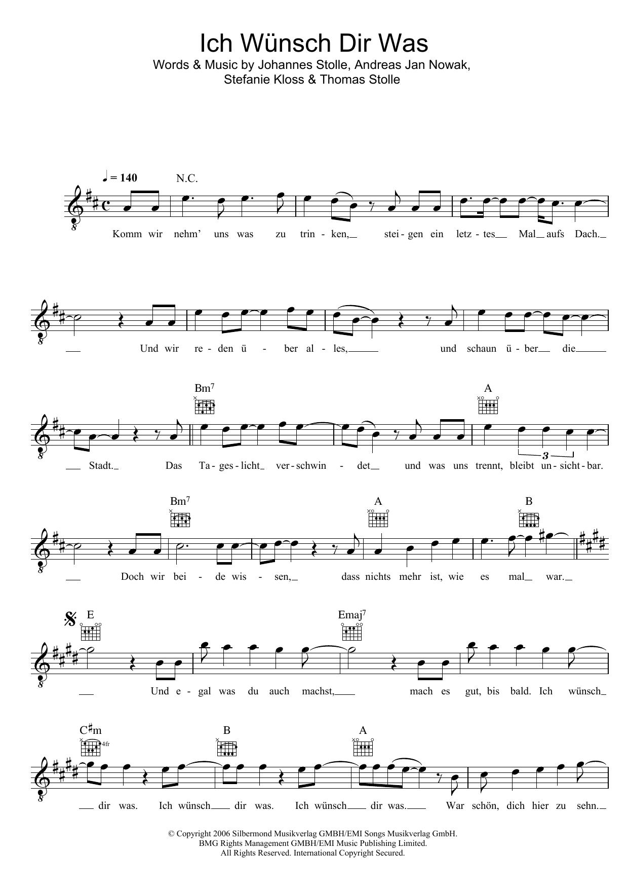 Silbermond Ich Wunsch Dir Was Sheet Music