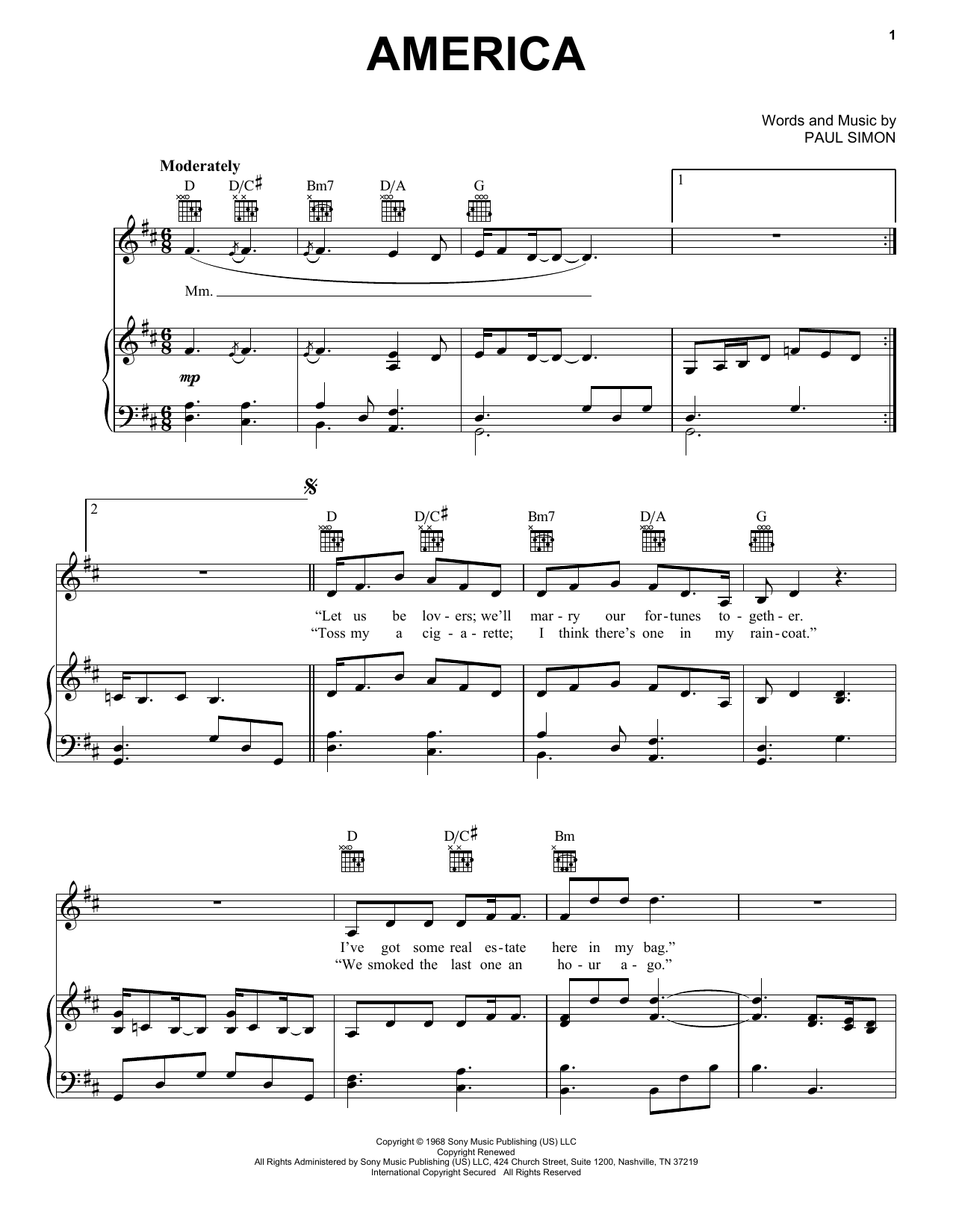 Simon & Garfunkel America Sheet Music