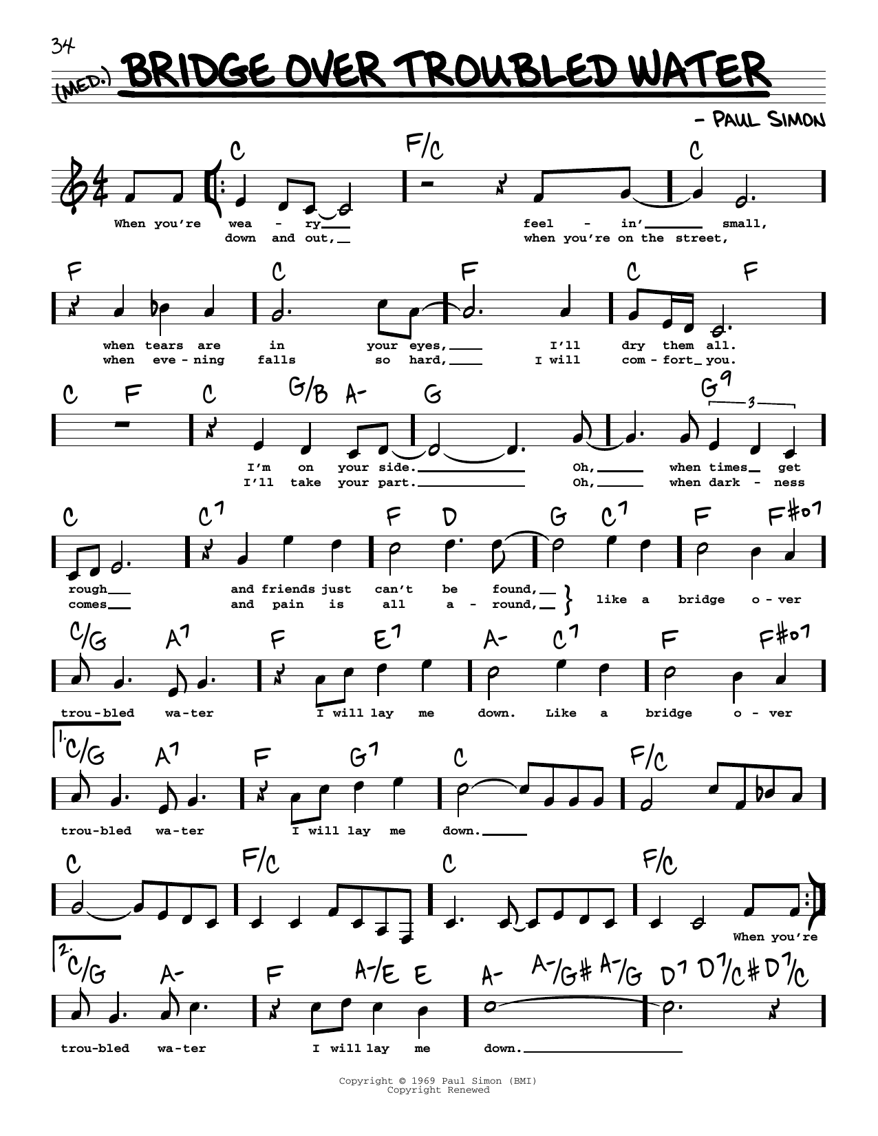 Simon & Garfunkel Bridge Over Troubled Water (High Voice) Sheet Music
