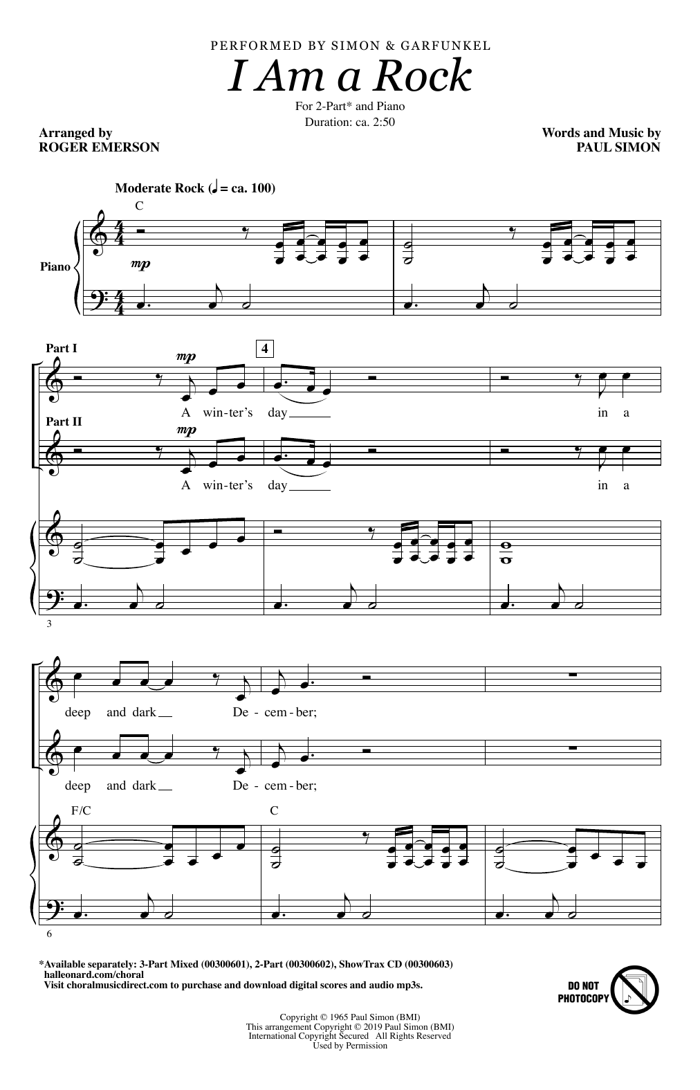 Simon & Garfunkel I Am A Rock (arr. Roger Emerson) Sheet Music