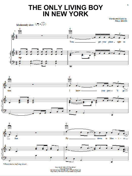 Simon & Garfunkel The Only Living Boy In New York Sheet Music