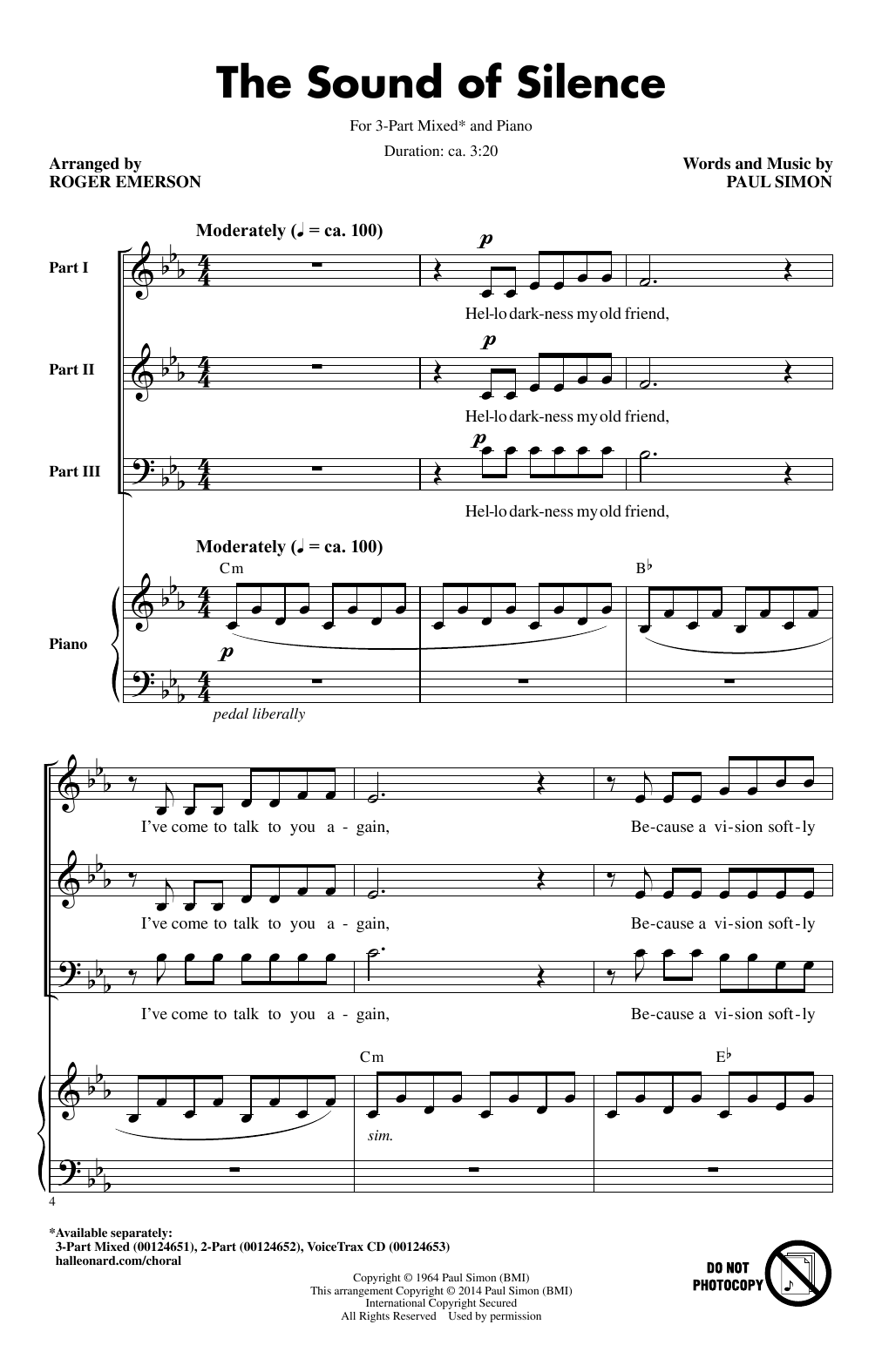 Simon & Garfunkel The Sound Of Silence (arr. Roger Emerson) Sheet Music