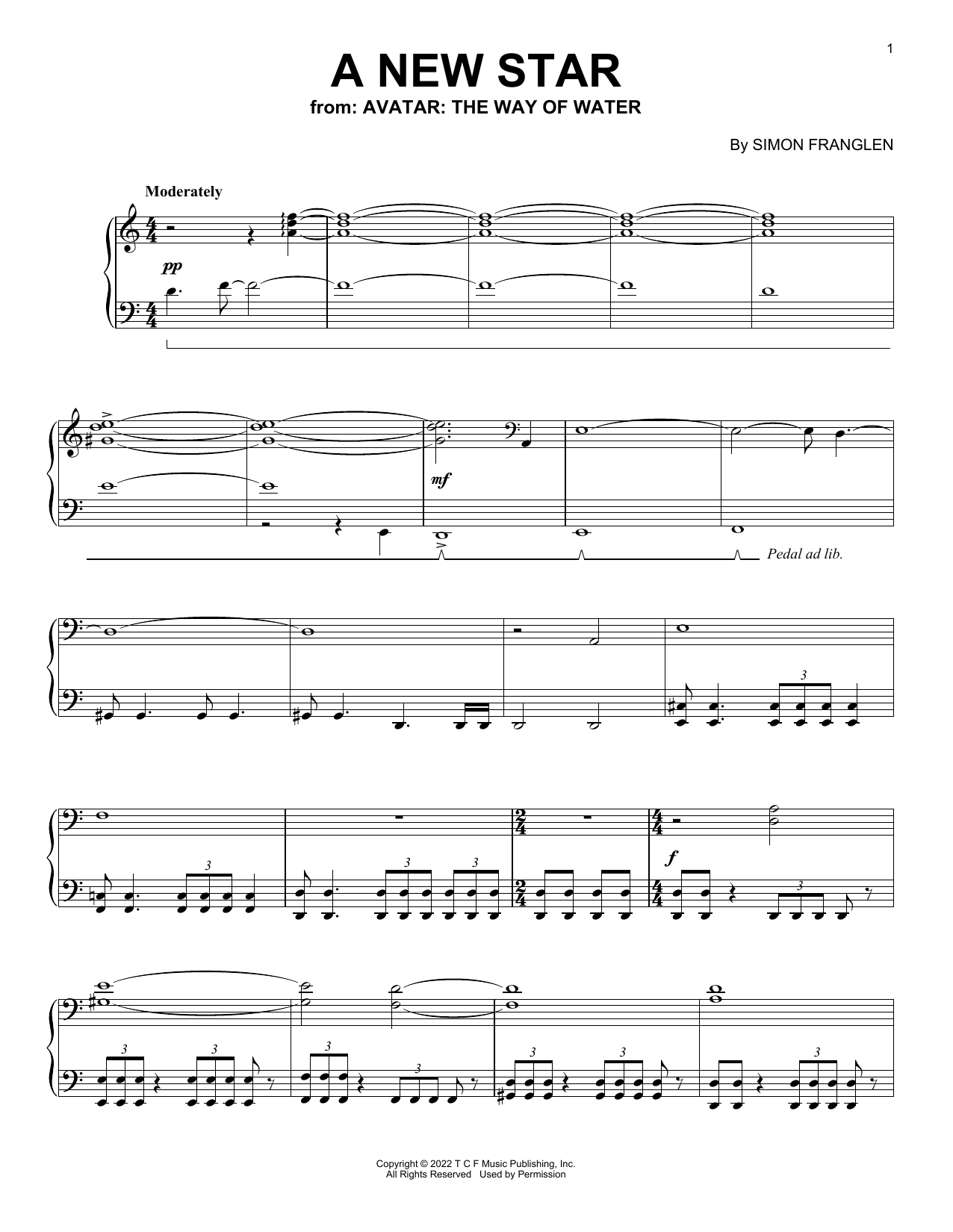 Simon Franglen A New Star (from Avatar: The Way Of Water) Sheet Music