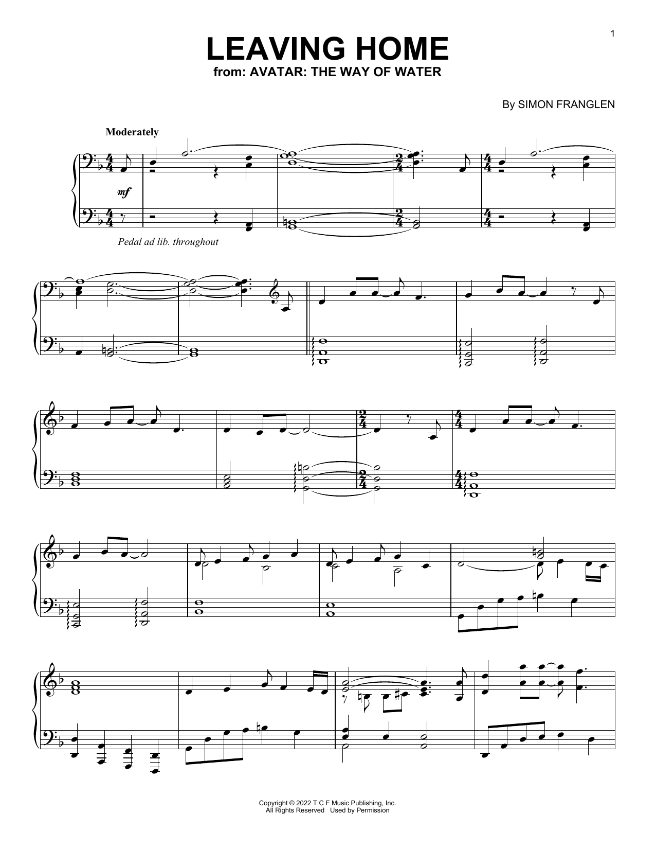 Simon Franglen Leaving Home (from Avatar: The Way Of Water) Sheet Music