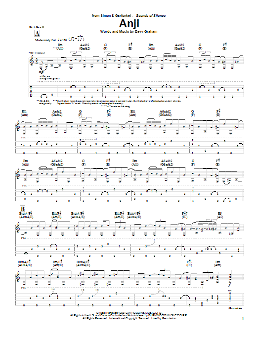 Simon & Garfunkel Anji Sheet Music