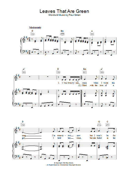 Simon & Garfunkel Leaves That Are Green Sheet Music