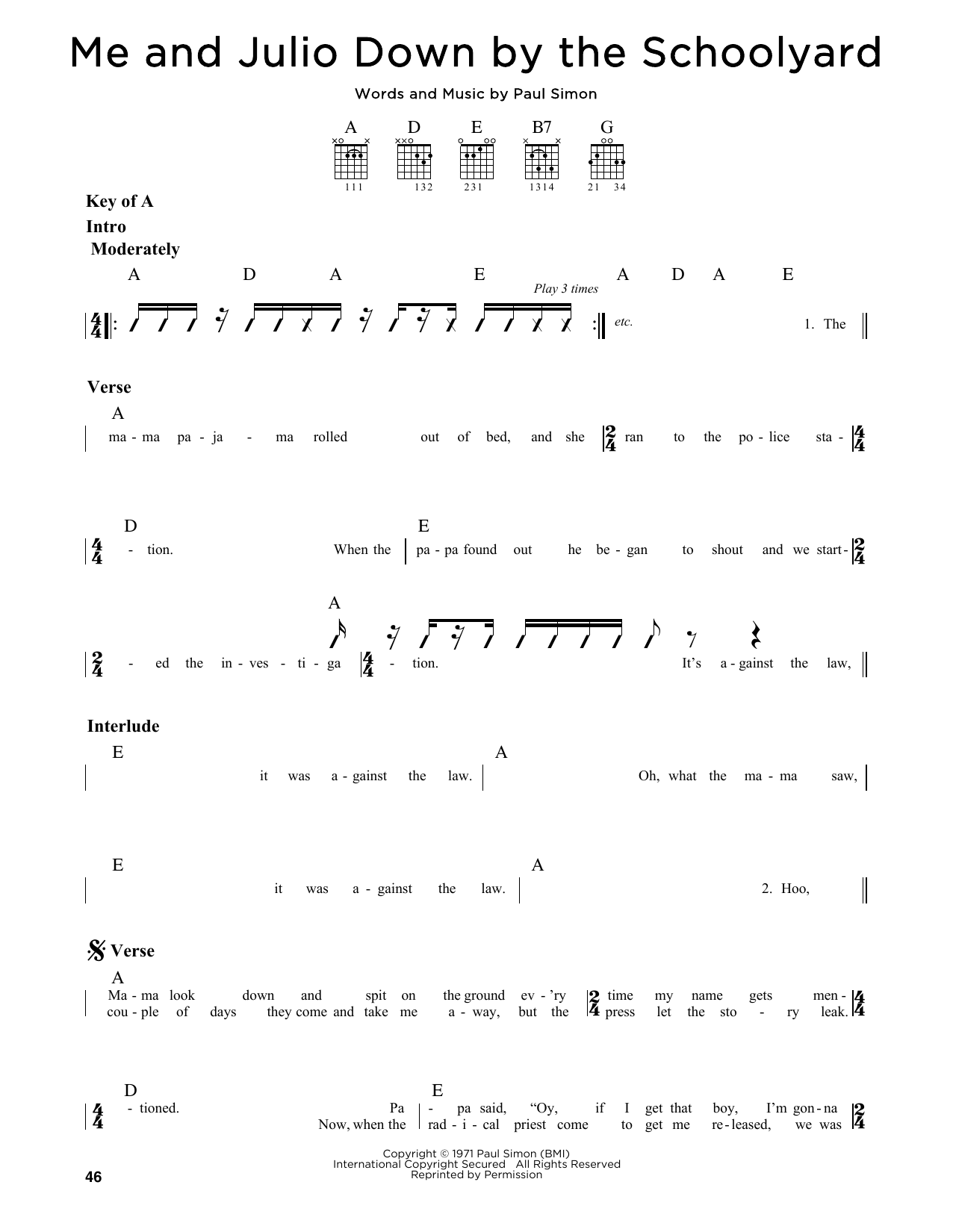 Simon & Garfunkel Me and Julio Down By The Schoolyard Sheet Music