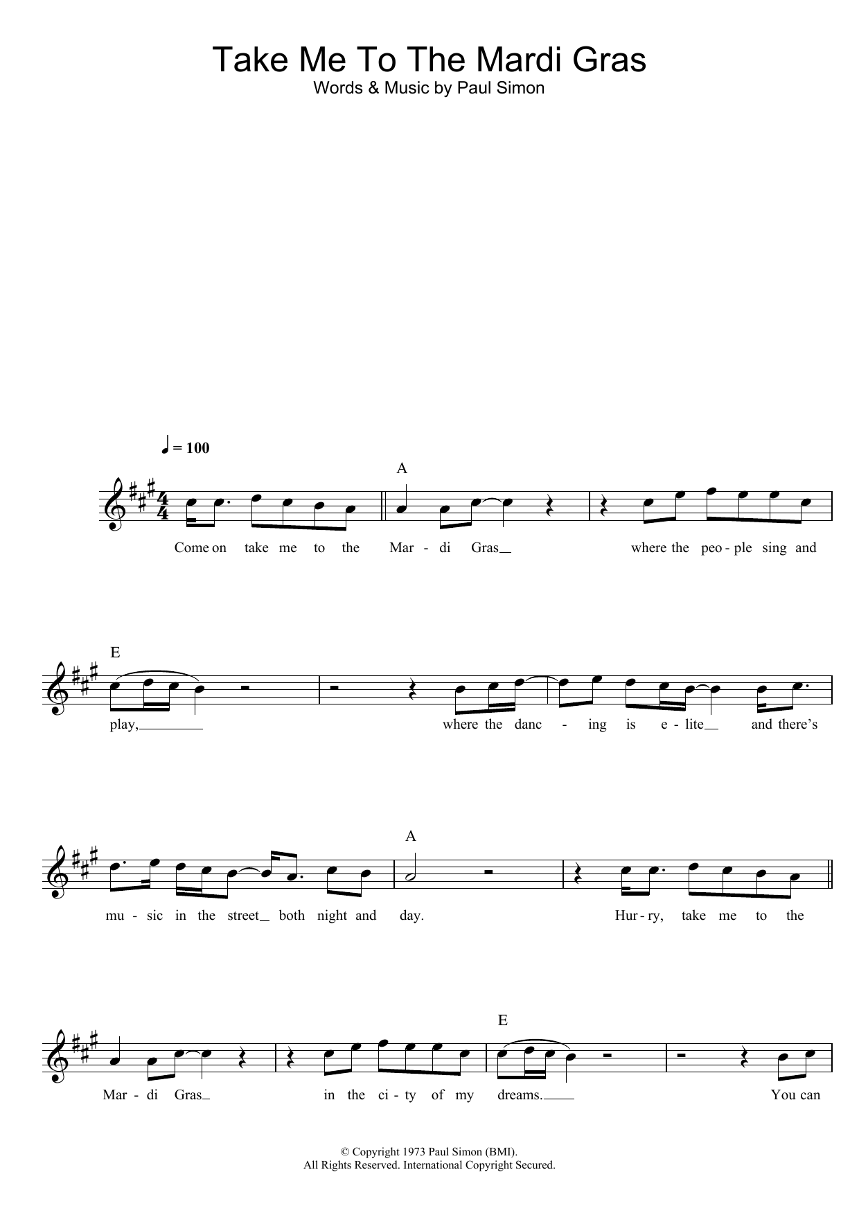 Simon & Garfunkel Take Me To The Mardi Gras Sheet Music