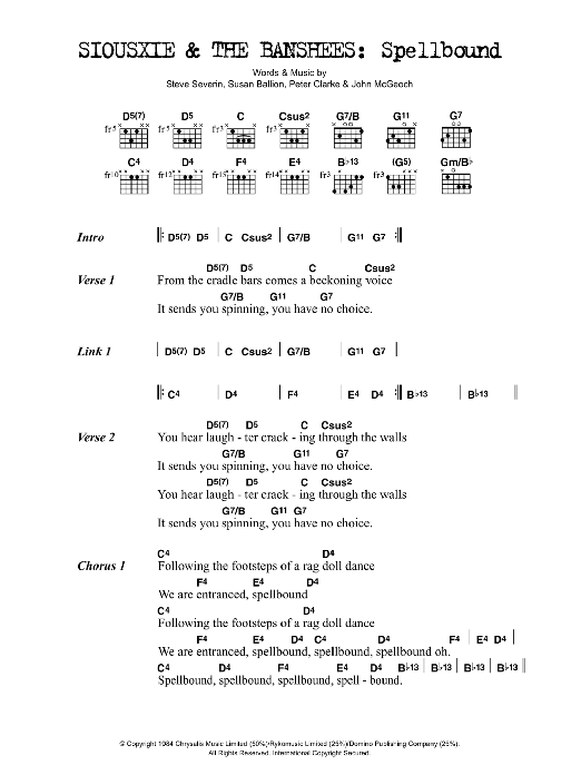 Siouxsie & The Banshees Spellbound Sheet Music