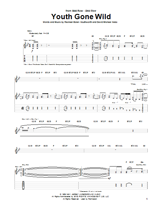 Skid Row Youth Gone Wild Sheet Music