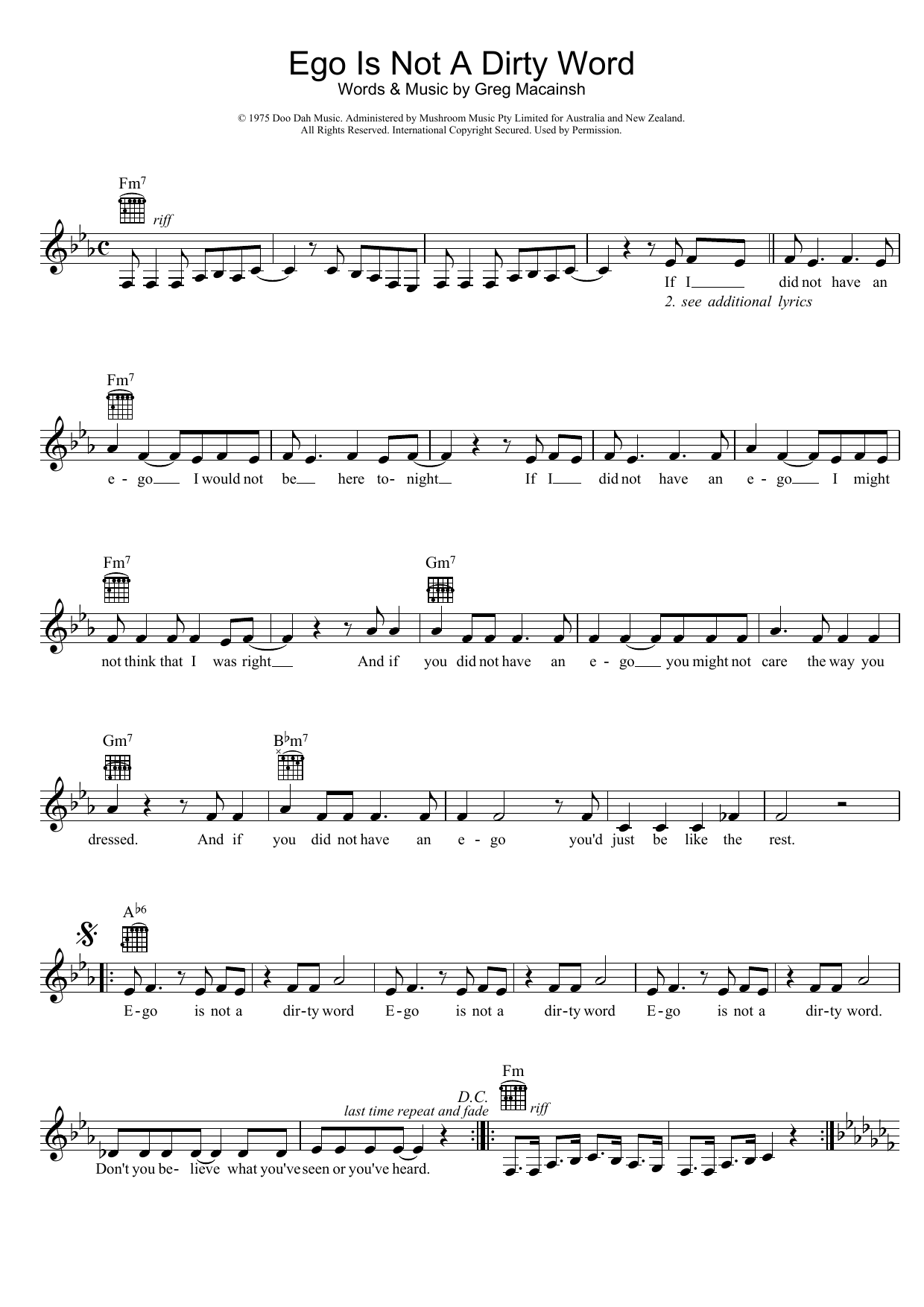 Skyhooks Ego Is Not A Dirty Word Sheet Music