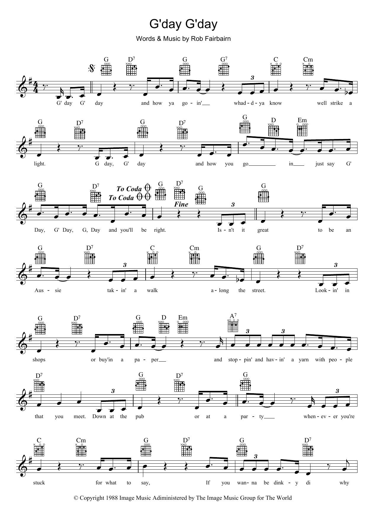 Slim Dusty G'day, G'day Sheet Music