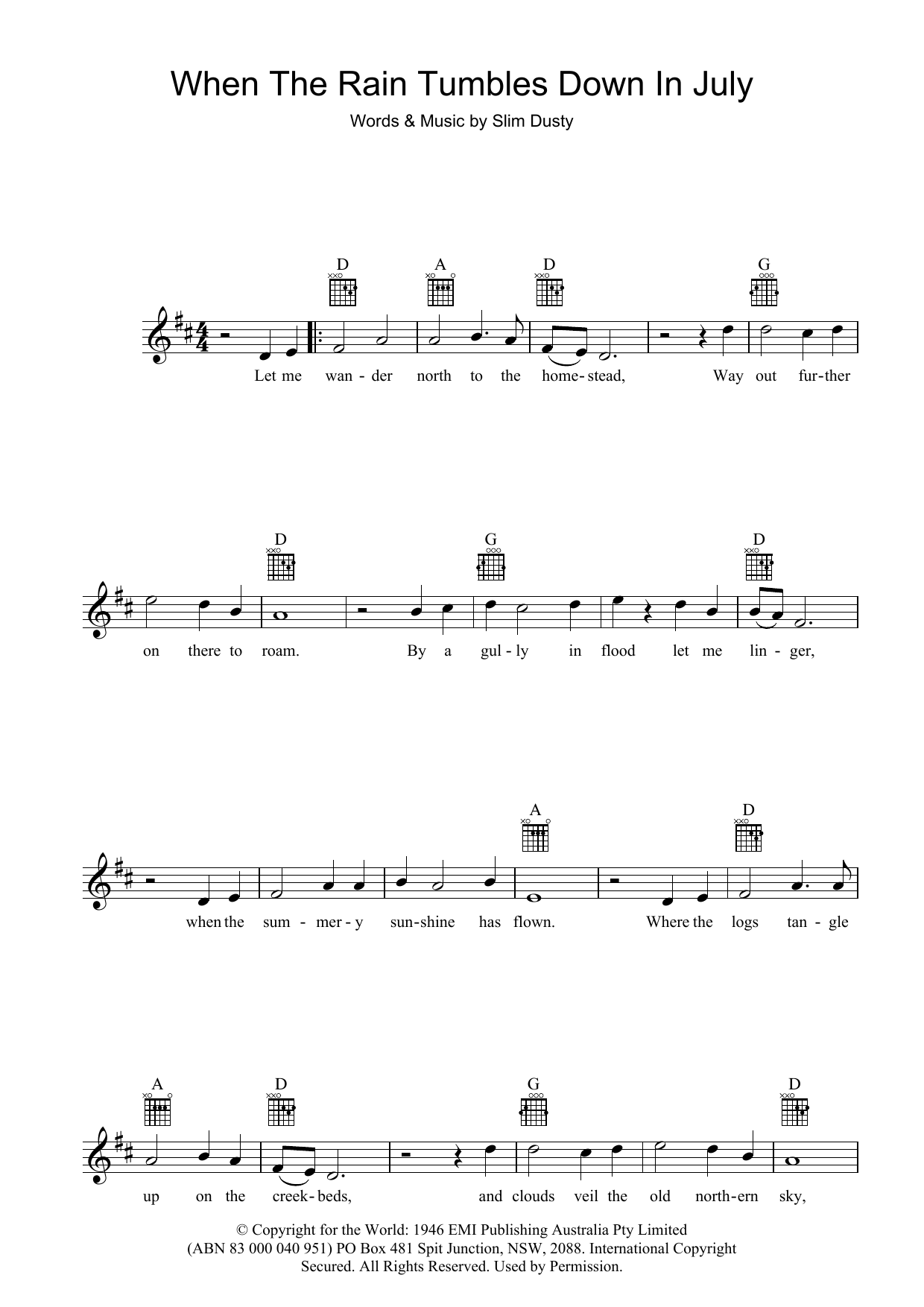 Slim Dusty When The Rain Tumbles Down In July Sheet Music