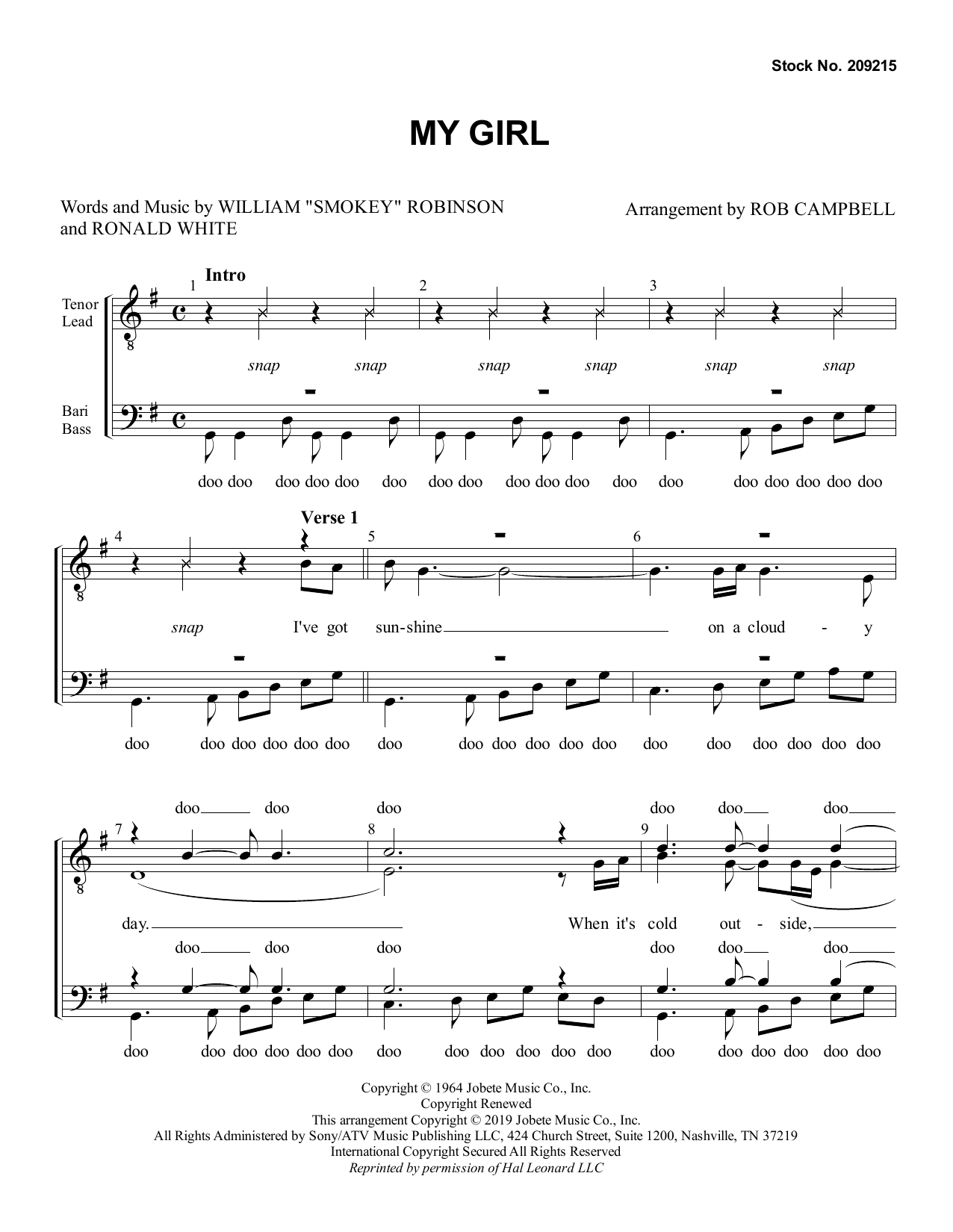 Smokey Robinson My Girl (arr. Rob Campbell) Sheet Music