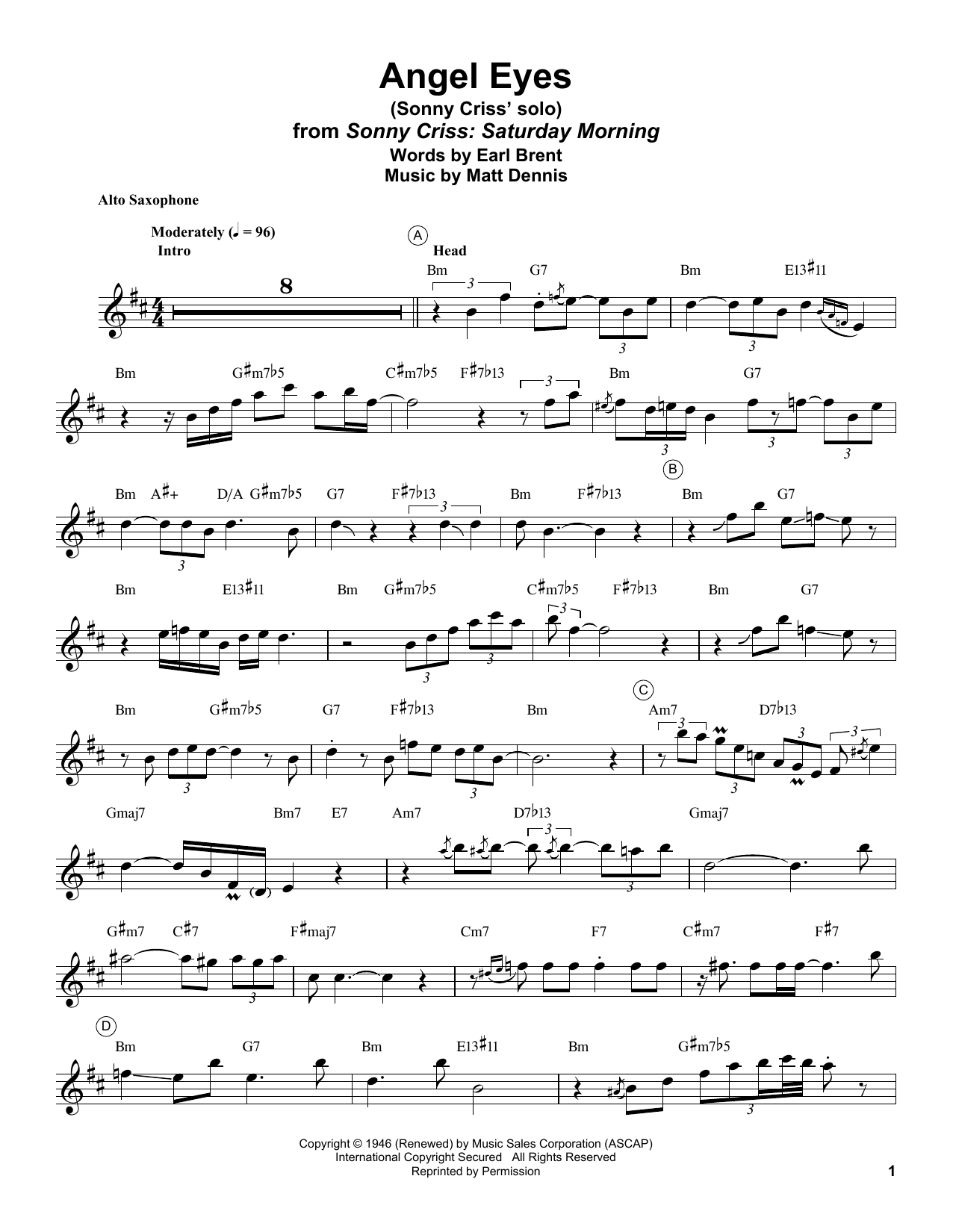 Sonny Criss Angel Eyes Sheet Music