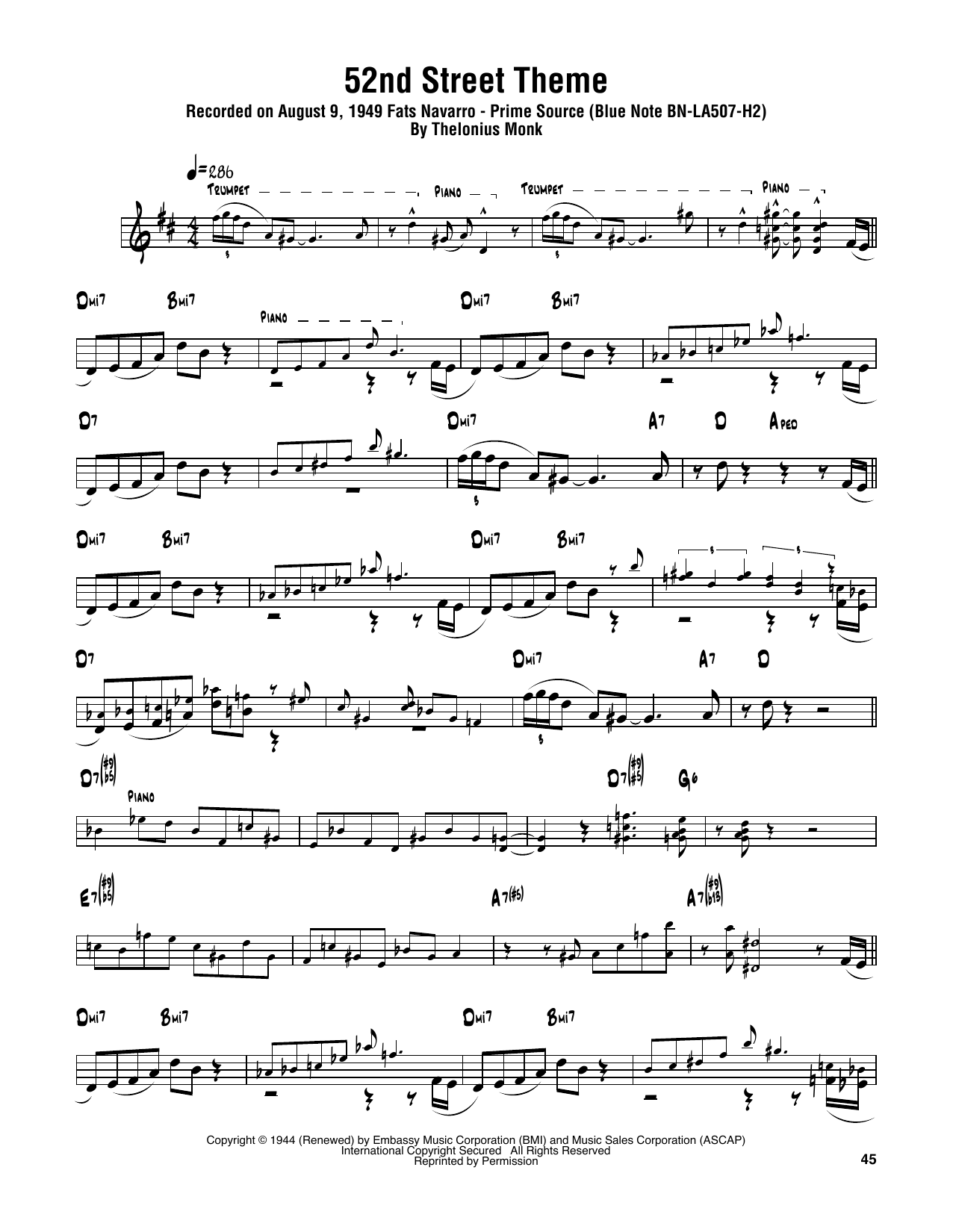 Sonny Rollins 52nd Street Theme Sheet Music