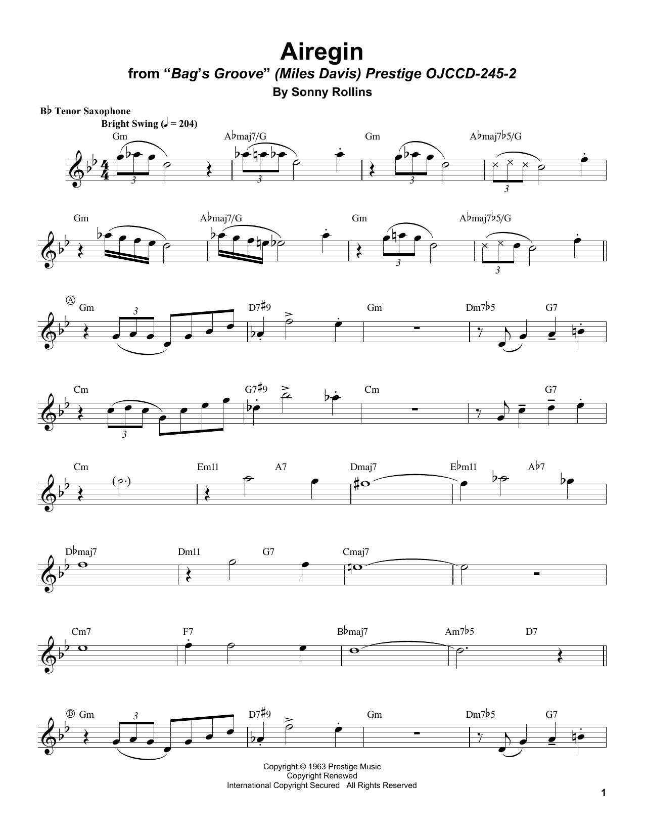Sonny Rollins Airegin Sheet Music
