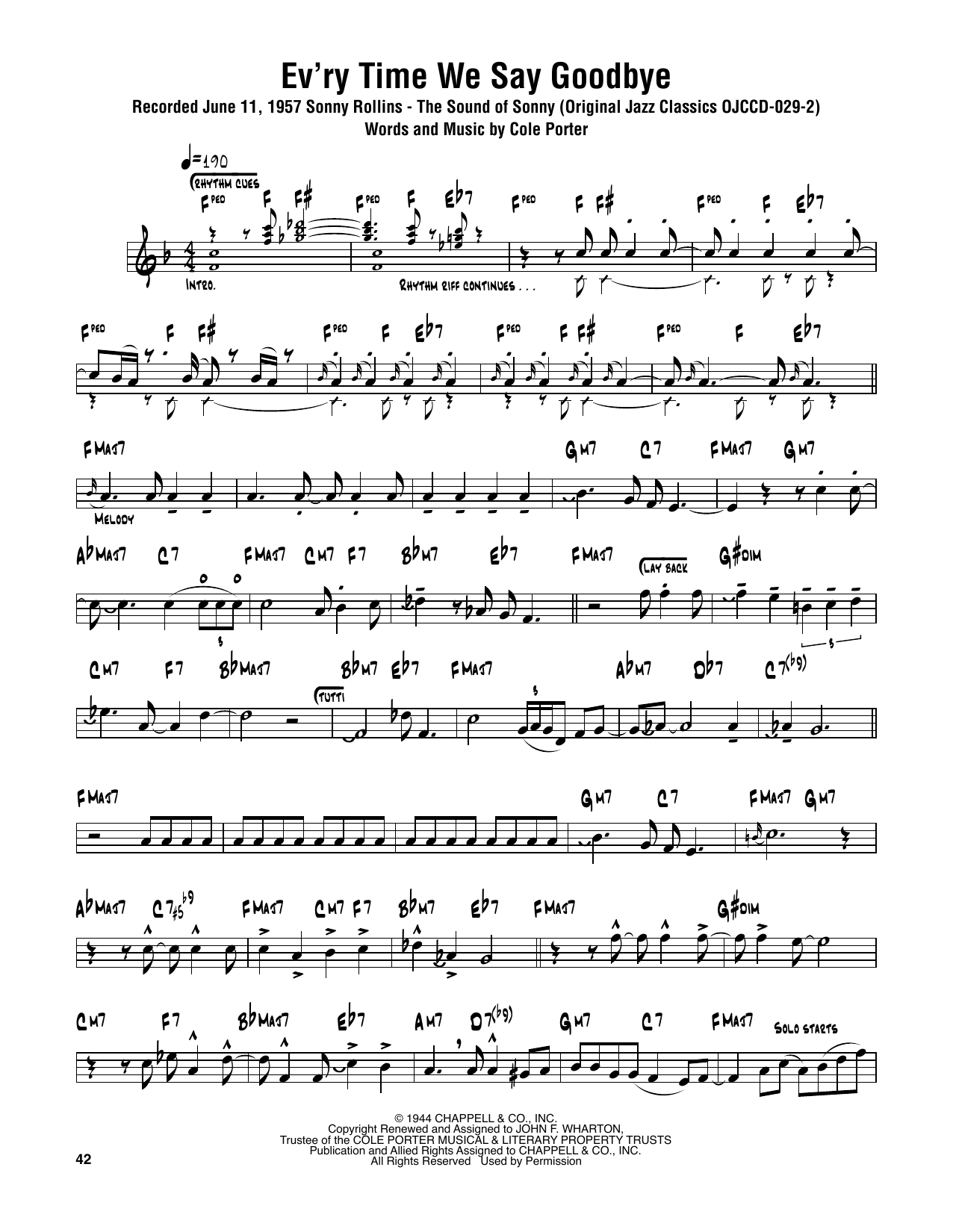 Sonny Rollins Ev'ry Time We Say Goodbye Sheet Music