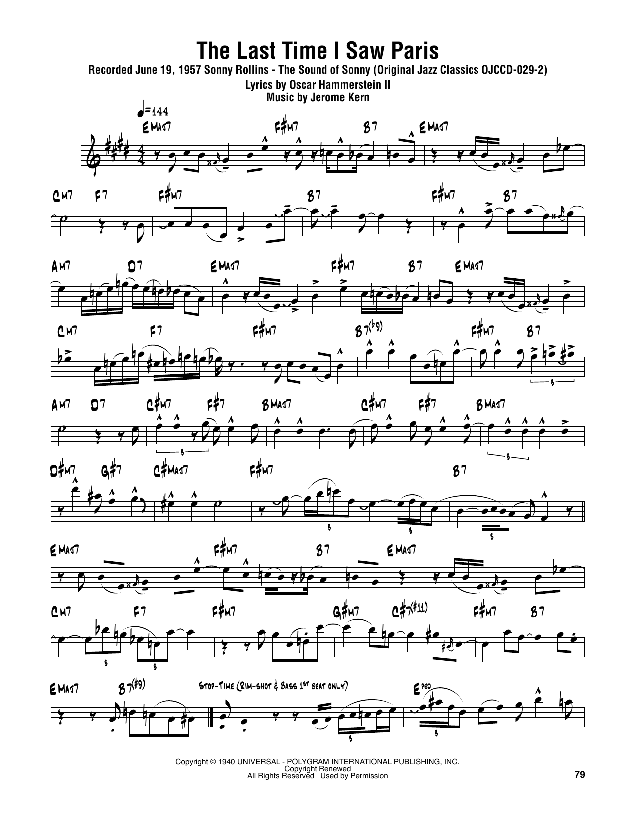 Sonny Rollins The Last Time I Saw Paris Sheet Music