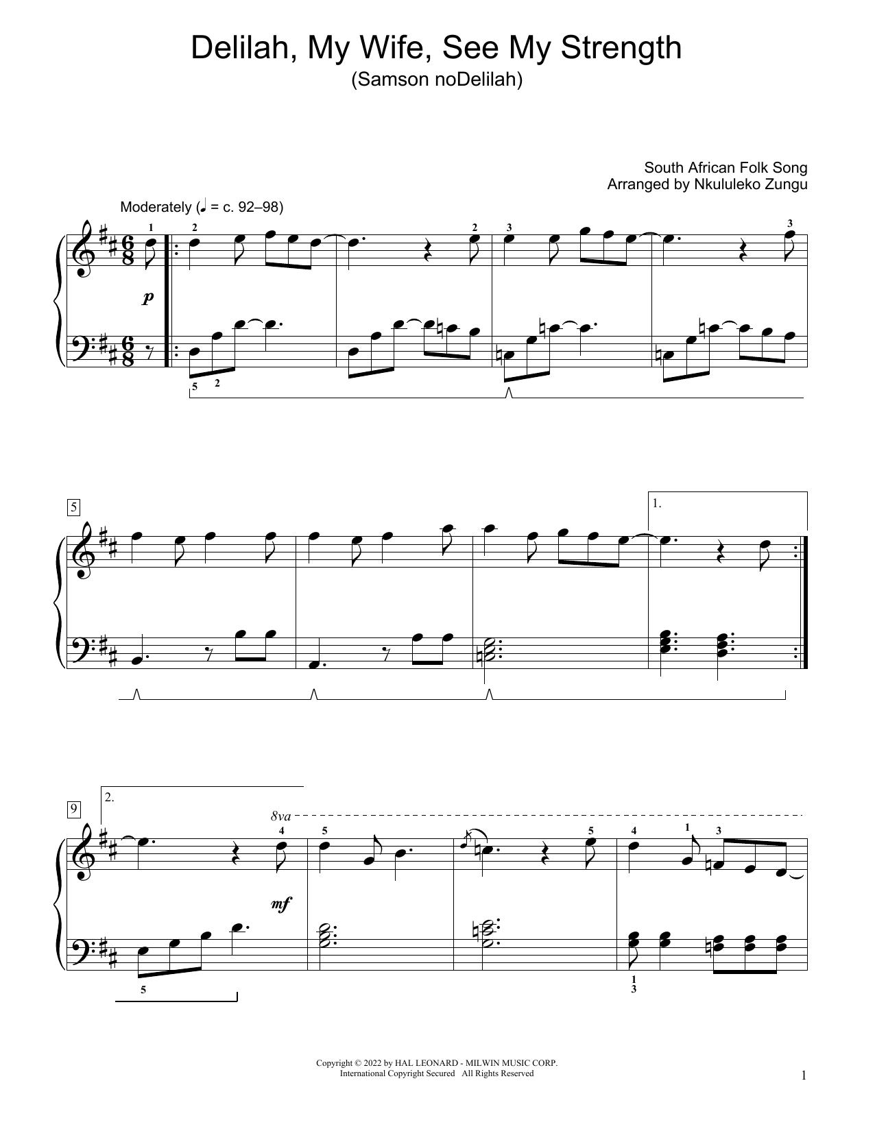 South African folk song Delilah, My Wife, See My Strength (Samson Nodelilah) (arr. Nkululeko Zungu) Sheet Music