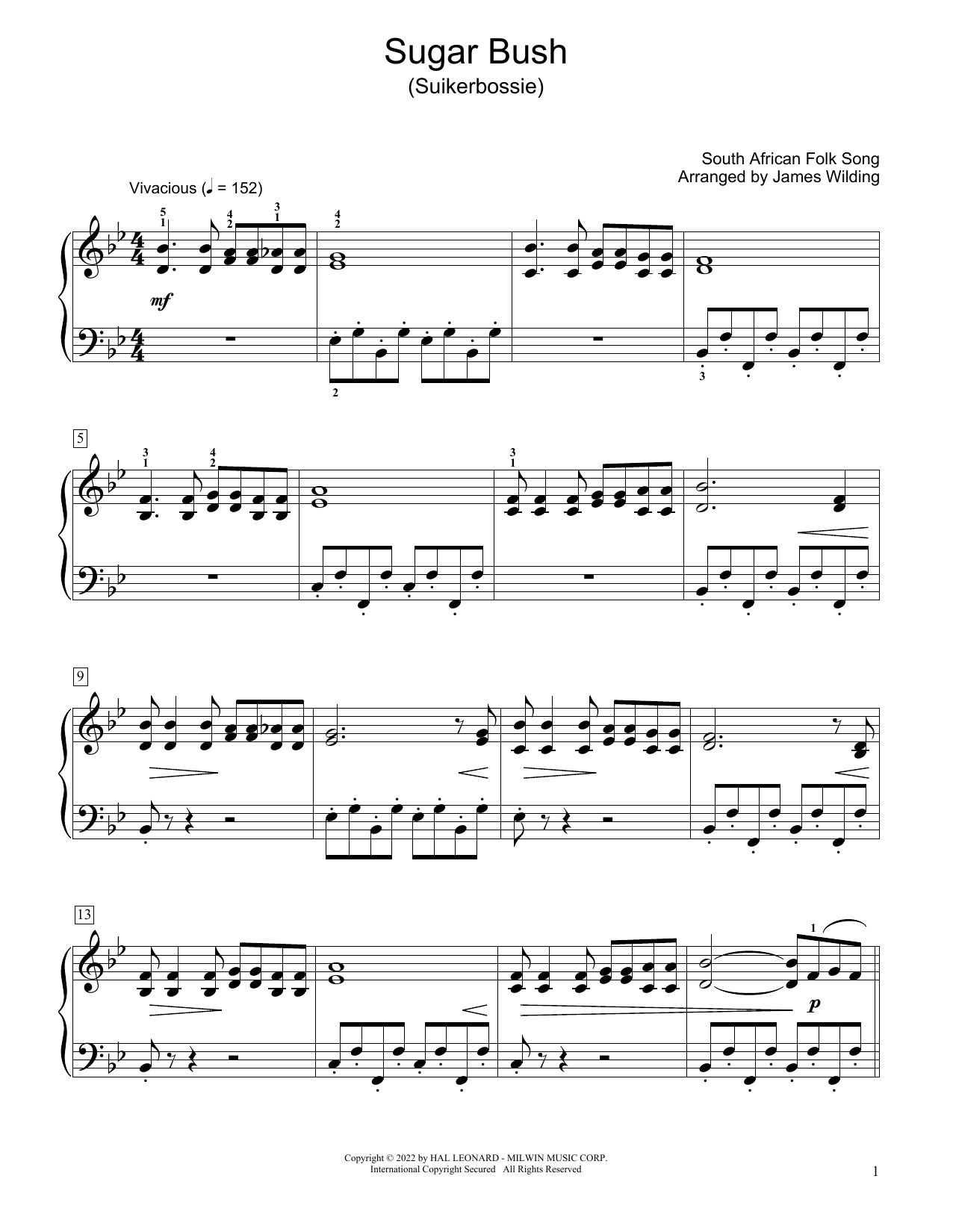 South African folk song Sugar Bush (Suikerbossie) (arr. James Wilding) Sheet Music
