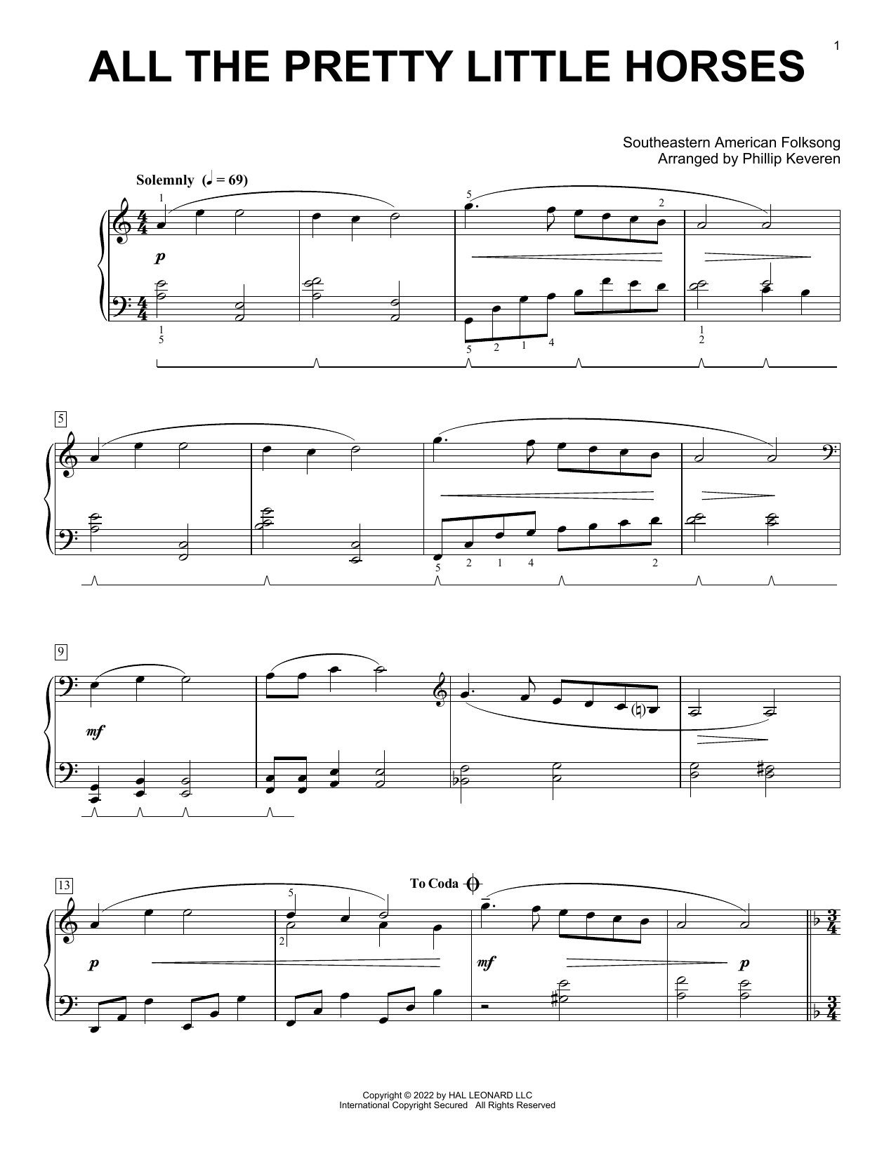 Southeastern American Folksong All The Pretty Little Horses (arr. Phillip Keveren) Sheet Music